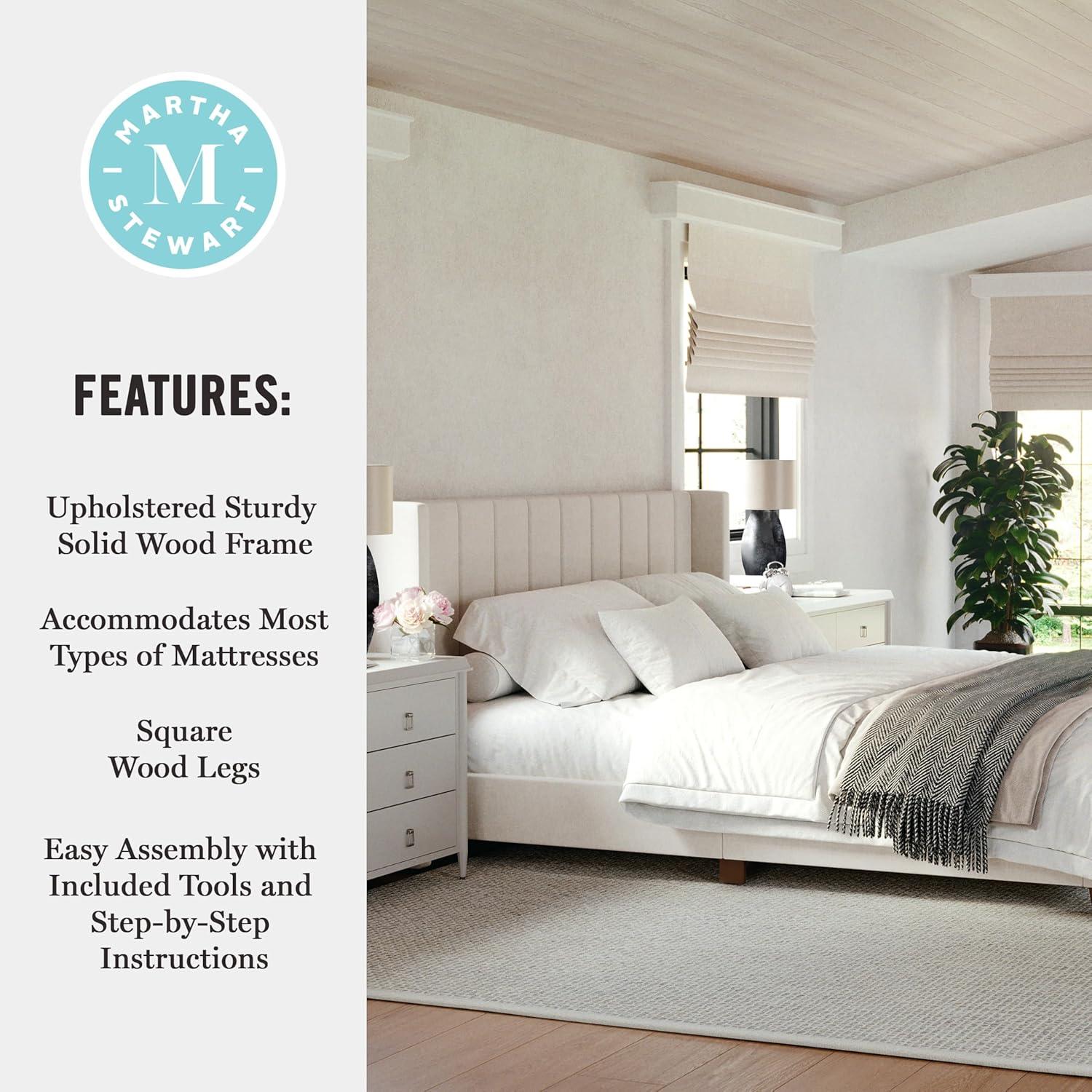 imageMartha Stewart Kay Low Profile Platform Bed with Wingback Headboard Channel Stitched Faux Linen Upholstery No Box Spring Needed Full BeigeBeige FabricWalnut Legs