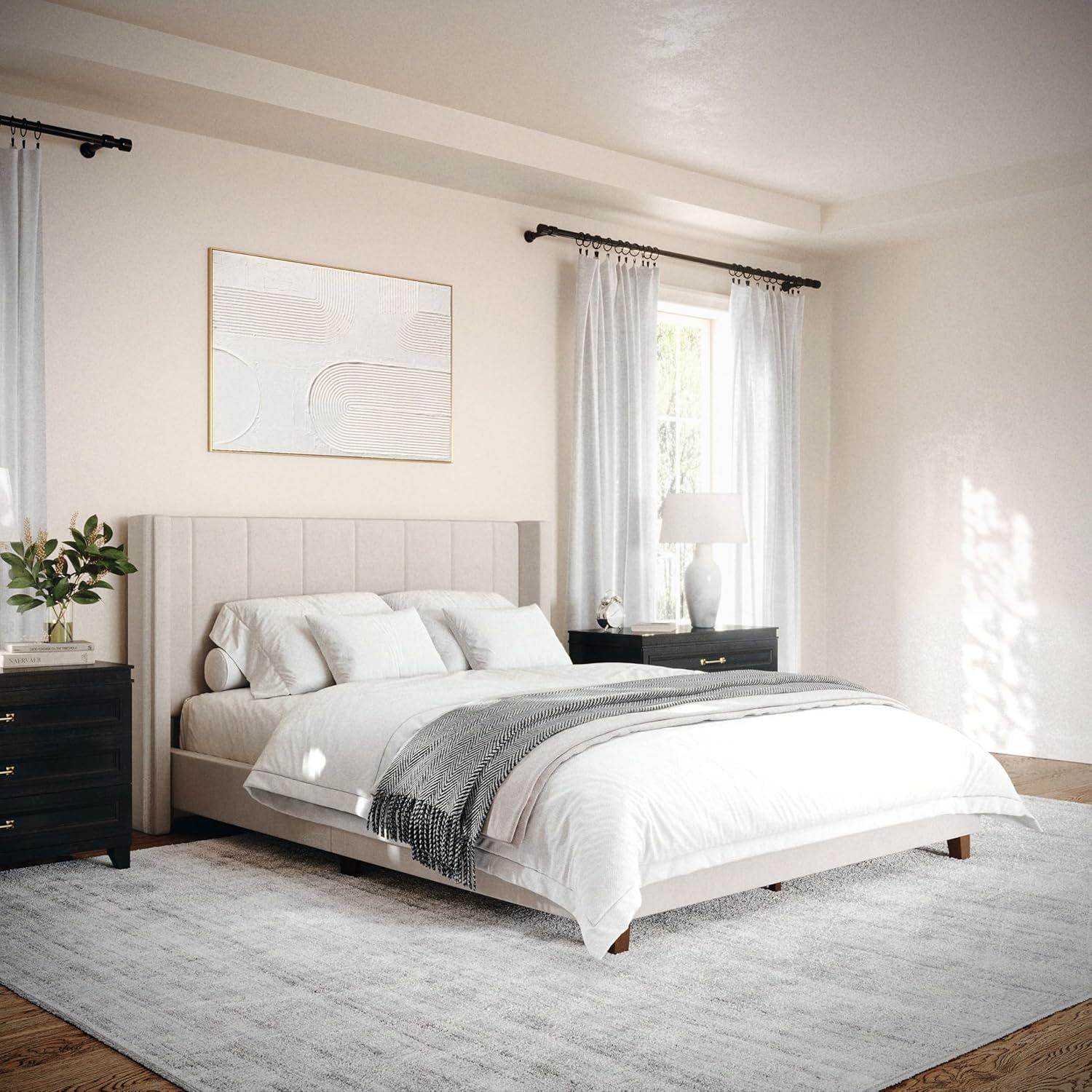 imageMartha Stewart Kay Low Profile Platform Bed with Wingback Headboard Channel Stitched Faux Linen Upholstery No Box Spring Needed Full BeigeBeige FabricWalnut Legs