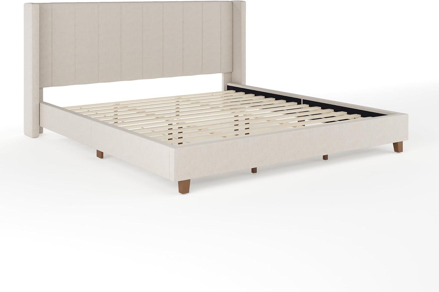 imageMartha Stewart Kay Low Profile Platform Bed with Wingback Headboard Channel Stitched Faux Linen Upholstery No Box Spring Needed Full BeigeBeige FabricWalnut Legs