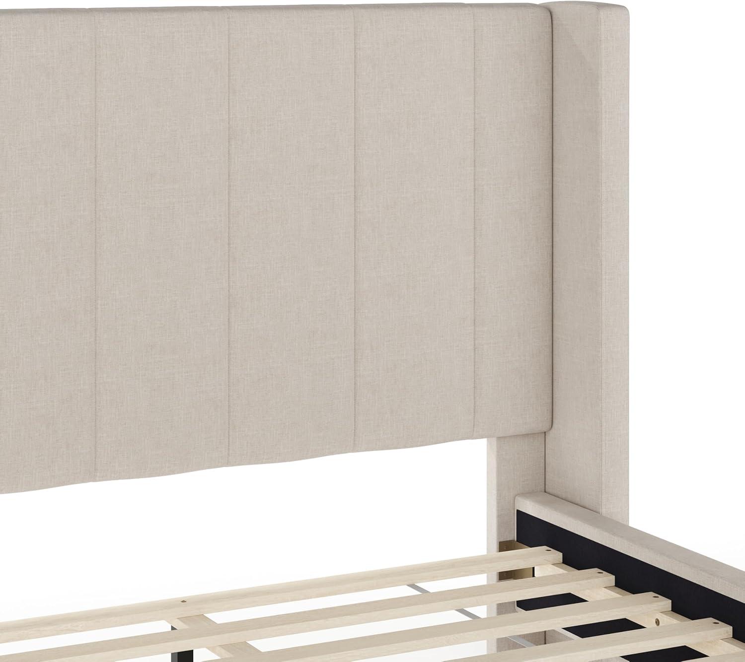 imageMartha Stewart Kay Low Profile Platform Bed with Wingback Headboard Channel Stitched Faux Linen Upholstery No Box Spring Needed Full BeigeBeige FabricWalnut Legs