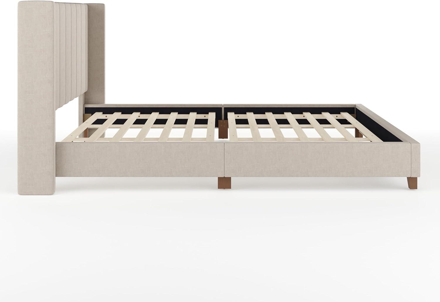 imageMartha Stewart Kay Low Profile Platform Bed with Wingback Headboard Channel Stitched Faux Linen Upholstery No Box Spring Needed Full BeigeBeige FabricWalnut Legs