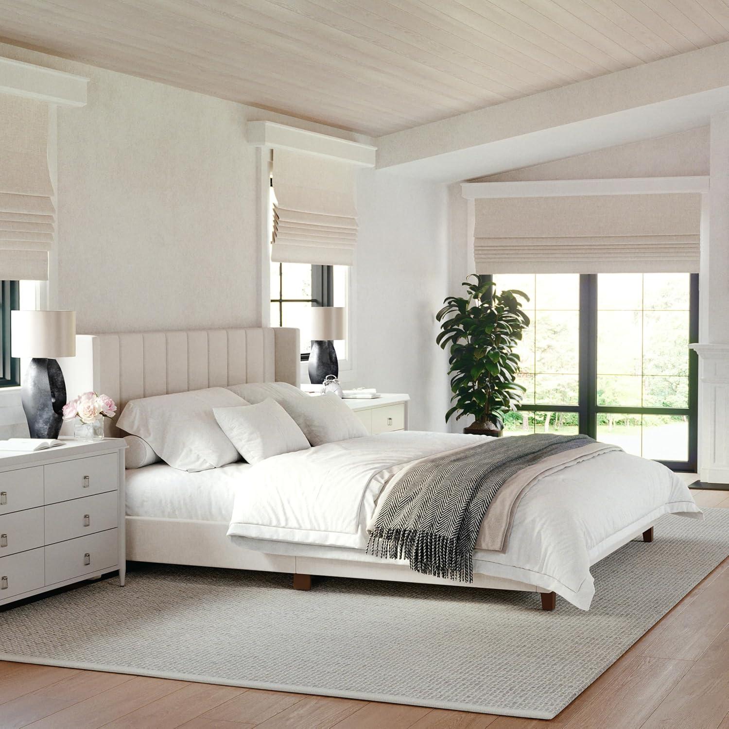 imageMartha Stewart Kay Low Profile Platform Bed with Wingback Headboard Channel Stitched Faux Linen Upholstery No Box Spring Needed Full BeigeBeige FabricWalnut Legs