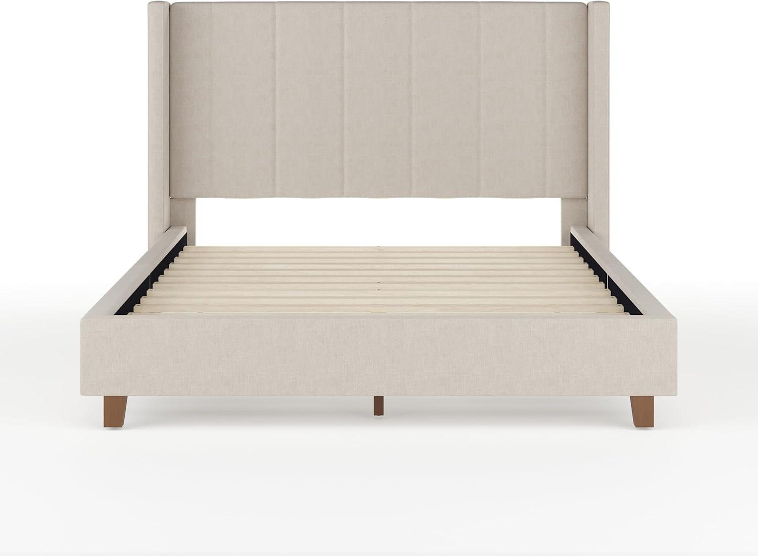imageMartha Stewart Kay Low Profile Platform Bed with Wingback Headboard Channel Stitched Faux Linen Upholstery No Box Spring Needed Full BeigeBeige FabricWalnut Legs