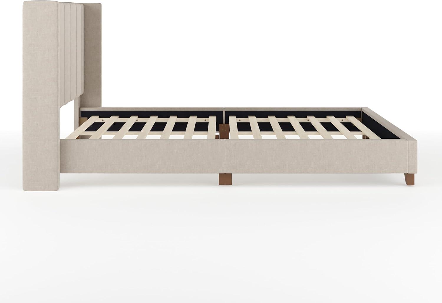 imageMartha Stewart Kay Low Profile Platform Bed with Wingback Headboard Channel Stitched Faux Linen Upholstery No Box Spring Needed Full BeigeBeige FabricWalnut Legs