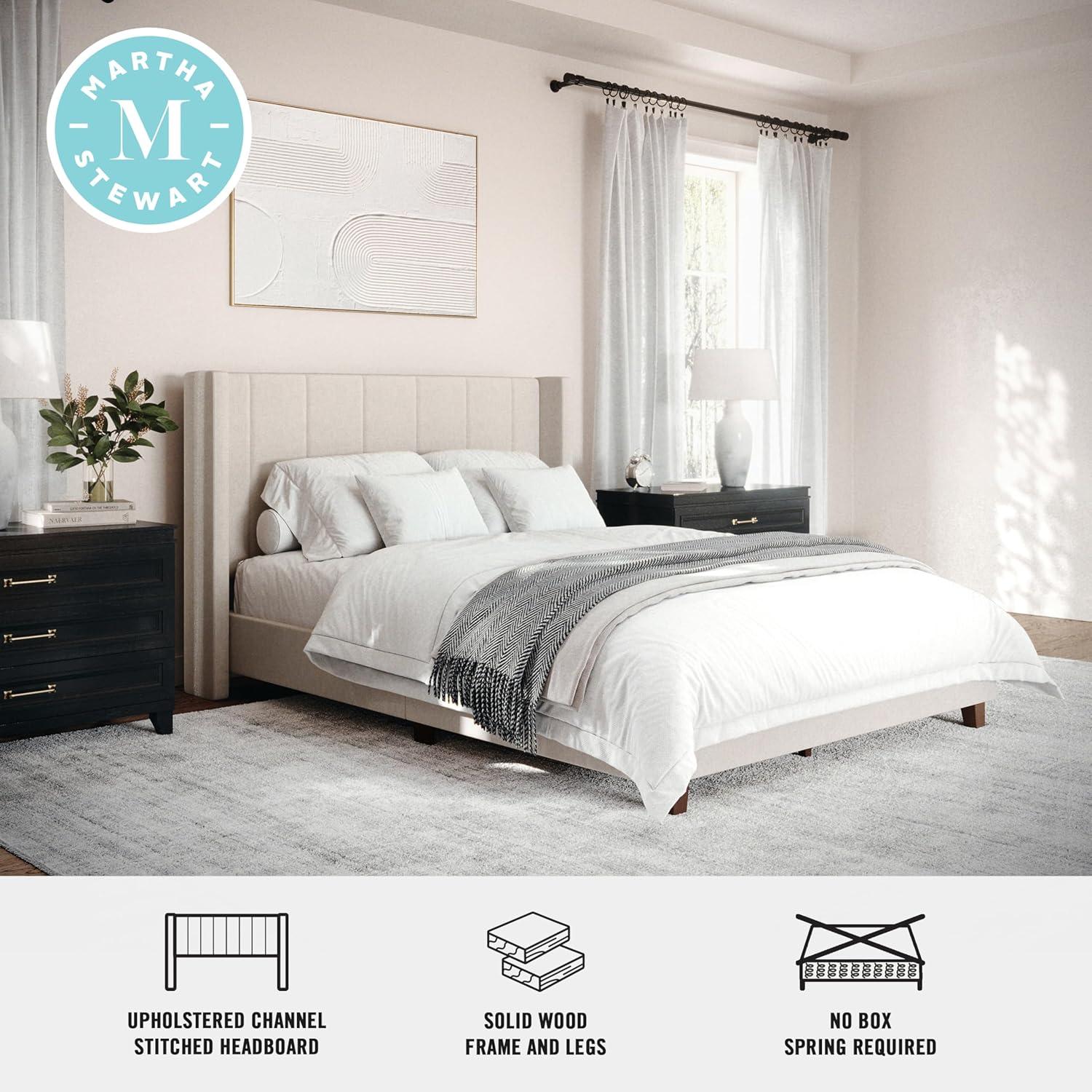 imageMartha Stewart Kay Low Profile Platform Bed with Wingback Headboard Channel Stitched Faux Linen Upholstery No Box Spring Needed Full BeigeBeige FabricWalnut Legs