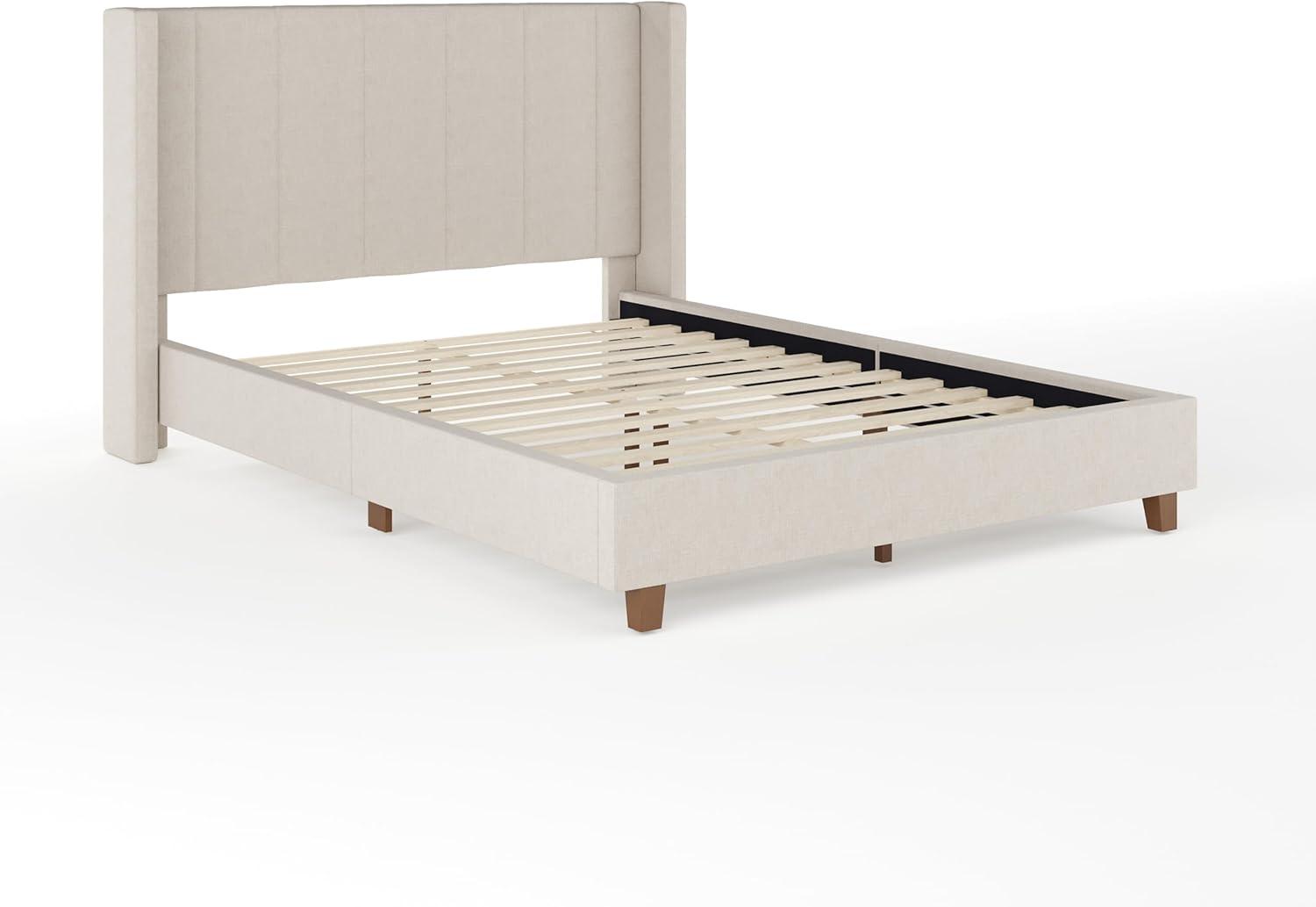 imageMartha Stewart Kay Low Profile Platform Bed with Wingback Headboard Channel Stitched Faux Linen Upholstery No Box Spring Needed Full BeigeBeige FabricWalnut Legs