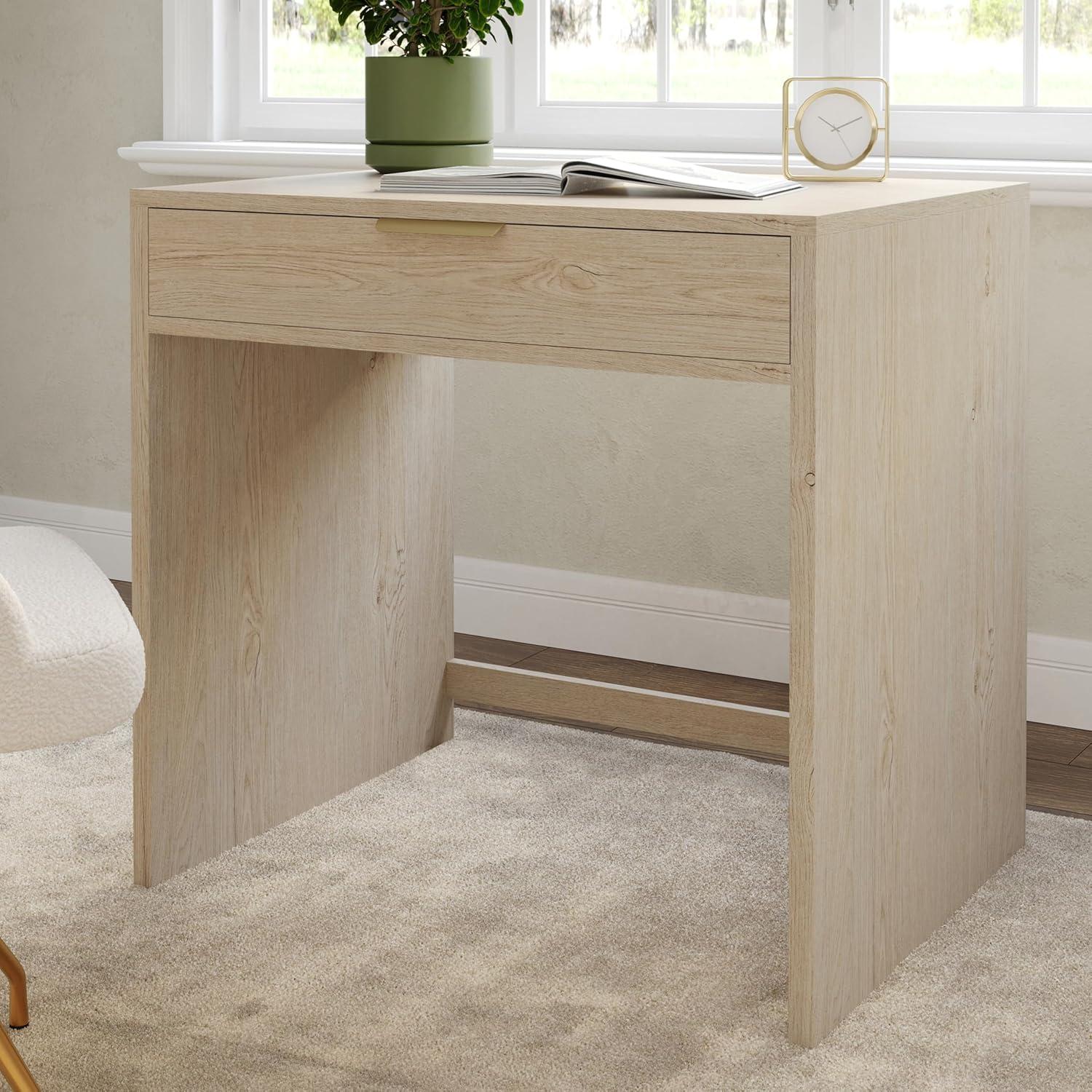 imageMartha Stewart Kayden Home Office Modular Desk with 2 Drawers in Black with Oil Rubbed Bronze HardwareLight Natural FrameBrushed Gold Hardware