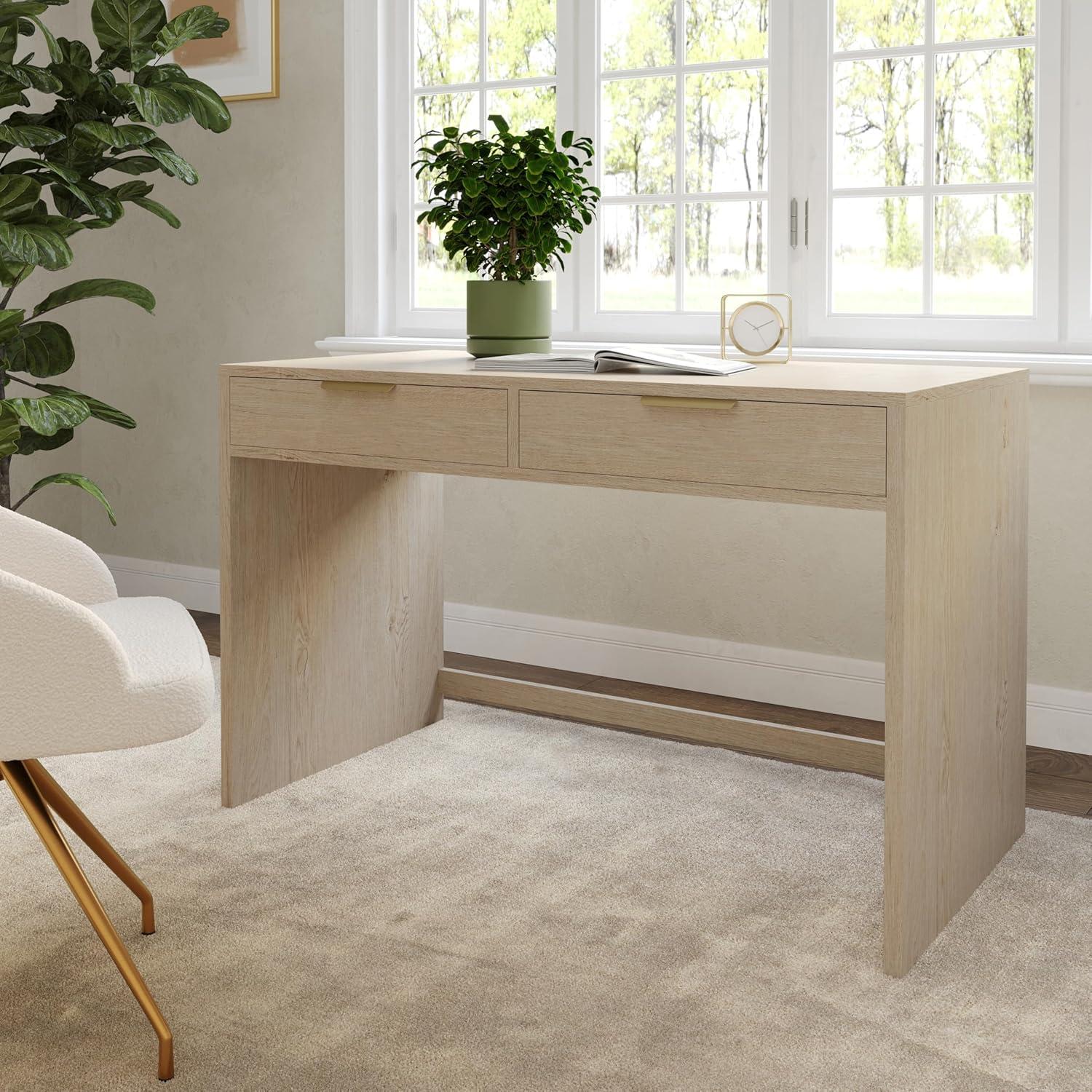 imageMartha Stewart Kayden Home Office Modular Desk with 2 Drawers in Black with Oil Rubbed Bronze HardwareLight Natural FrameBrushed Gold Hardware