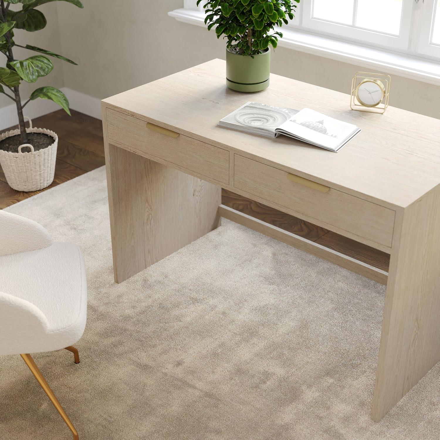 imageMartha Stewart Kayden Home Office Modular Desk with 2 Drawers in Black with Oil Rubbed Bronze HardwareLight Natural FrameBrushed Gold Hardware