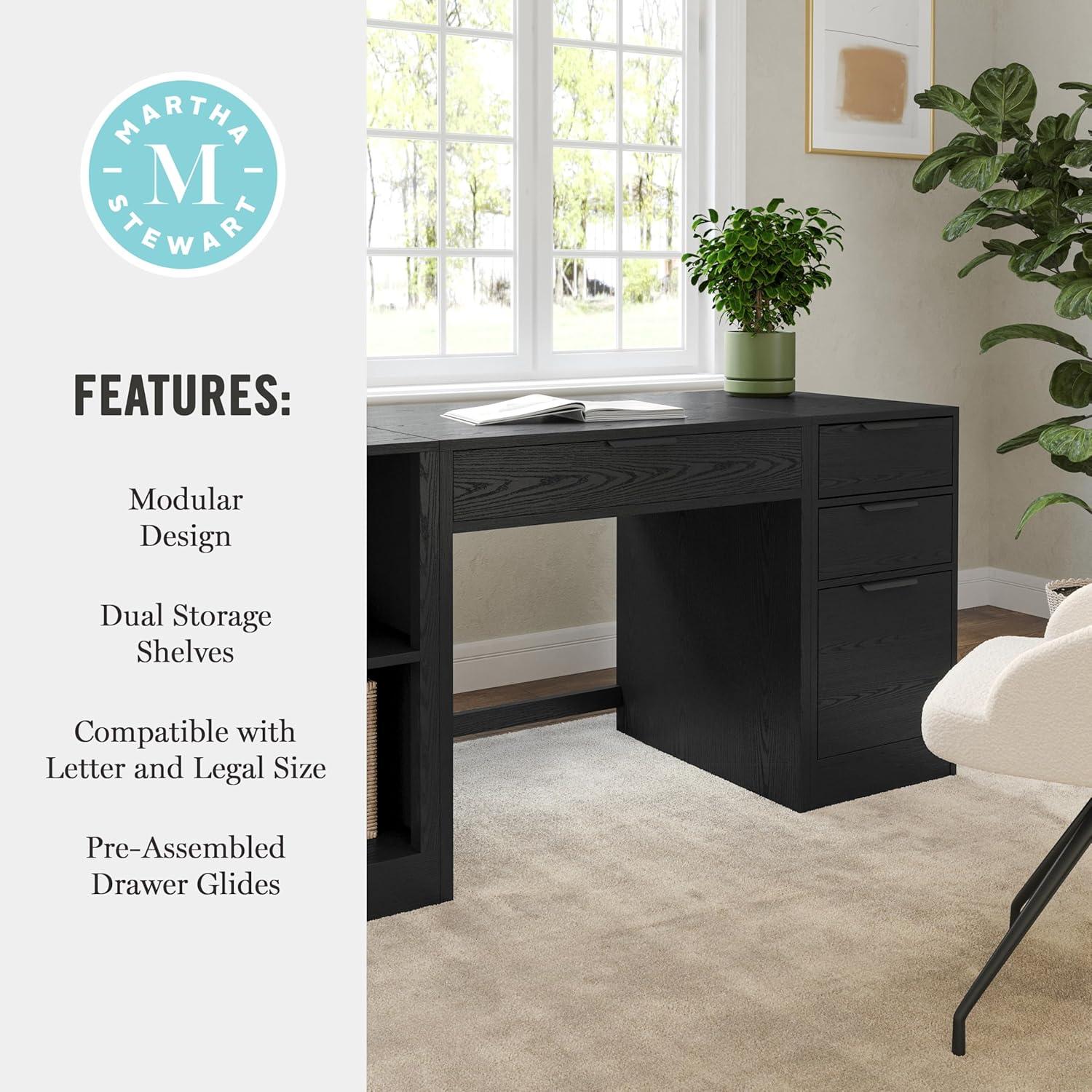 imageMartha Stewart Kayden Home Office Modular Desk with Drawer 2 Tier Shelf and File Cabinet in Light Natural with Brushed Gold HardwareBlack