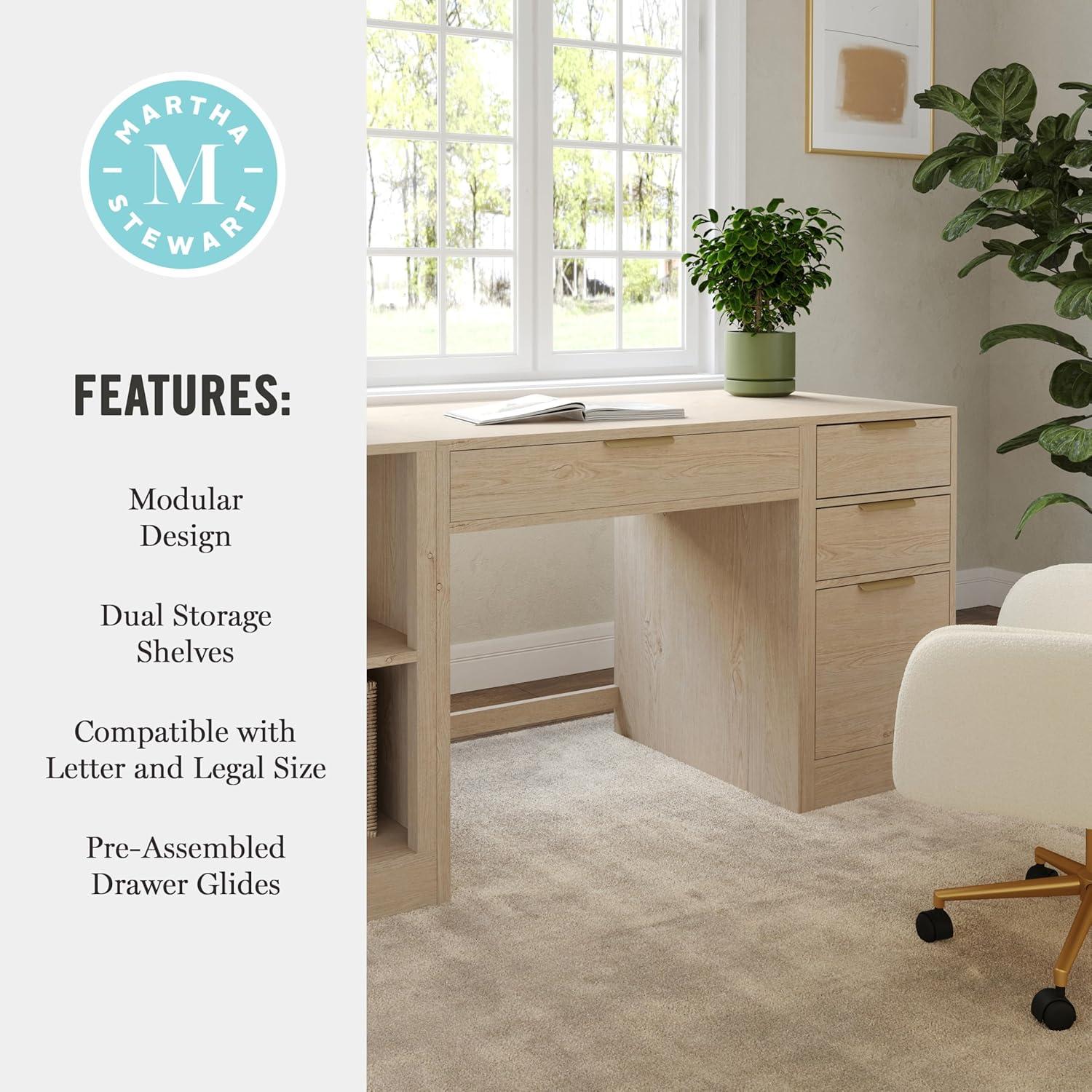 imageMartha Stewart Kayden Home Office Modular Desk with Drawer 2 Tier Shelf and File Cabinet in Light Natural with Brushed Gold HardwareLight Natural