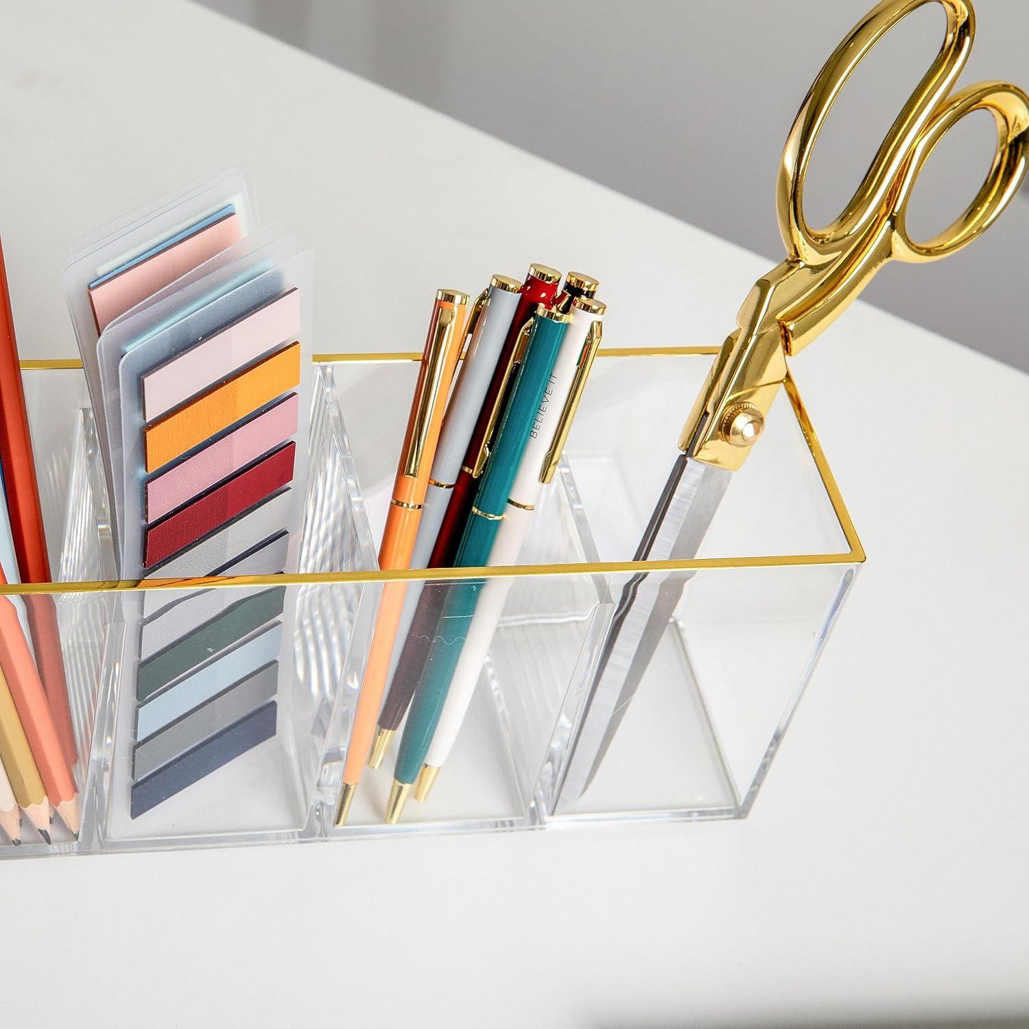 imageMartha Stewart Kerry Plastic 4 Compartment Pen Holder Office Desktop Organizer with Gold Trim