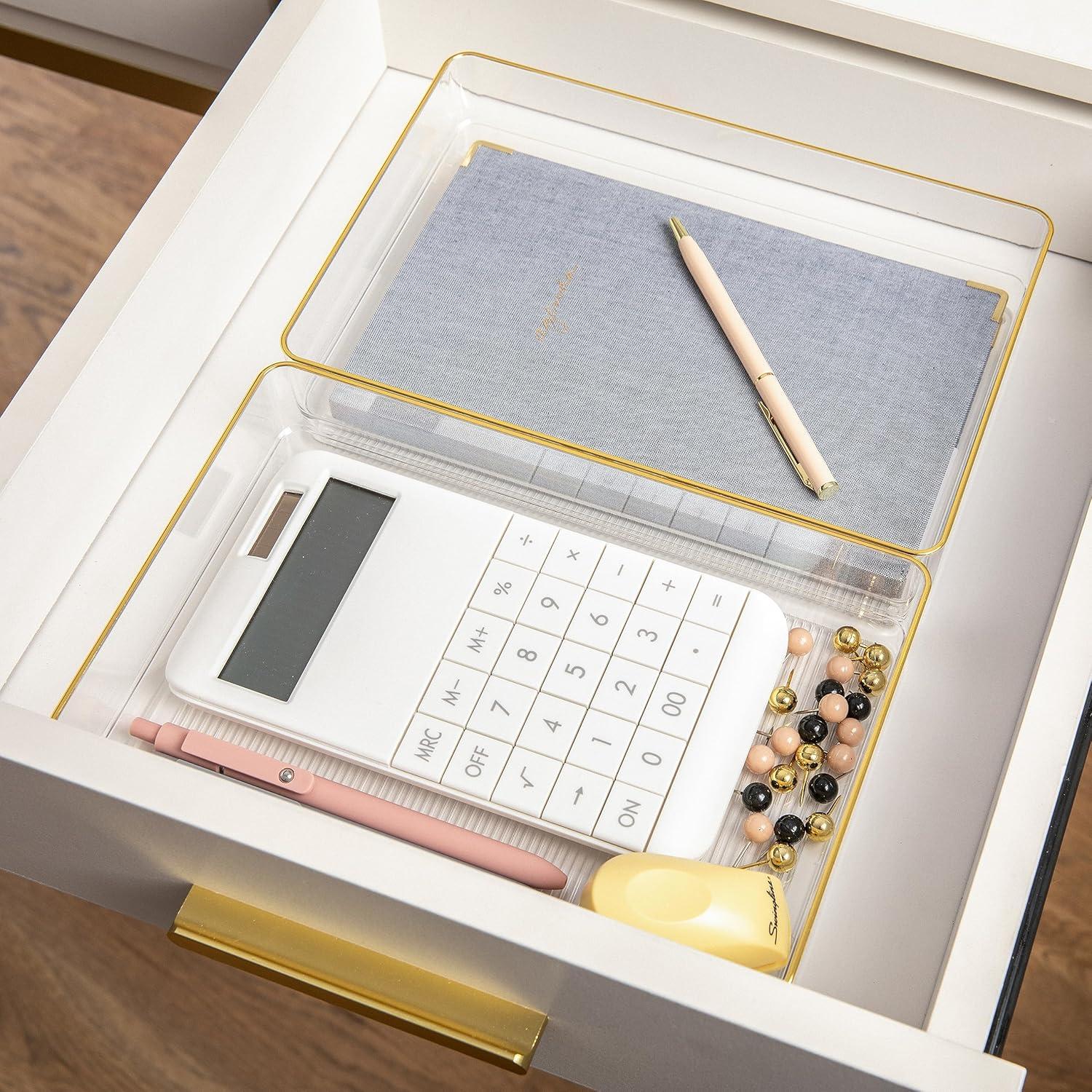 imageMartha Stewart Kerry Plastic Stackable Office Desk Drawer Organizers 3quot x 3quot 12 Pack with Gold Trim9 x 6