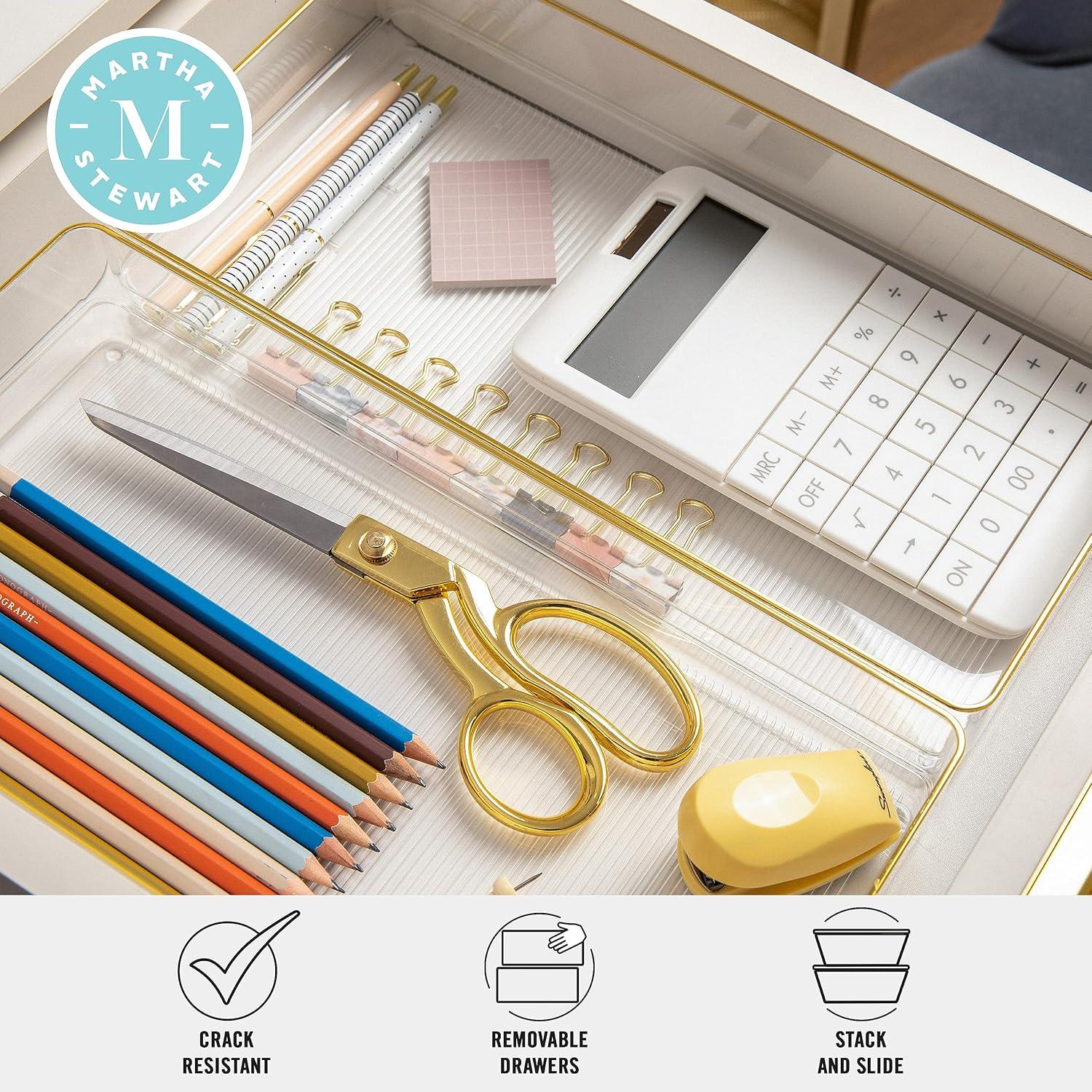 imageMartha Stewart Kerry Plastic Stackable Office Desk Drawer Organizers 6quot x 3quot 6 Pack with Gold Trim12 x 6