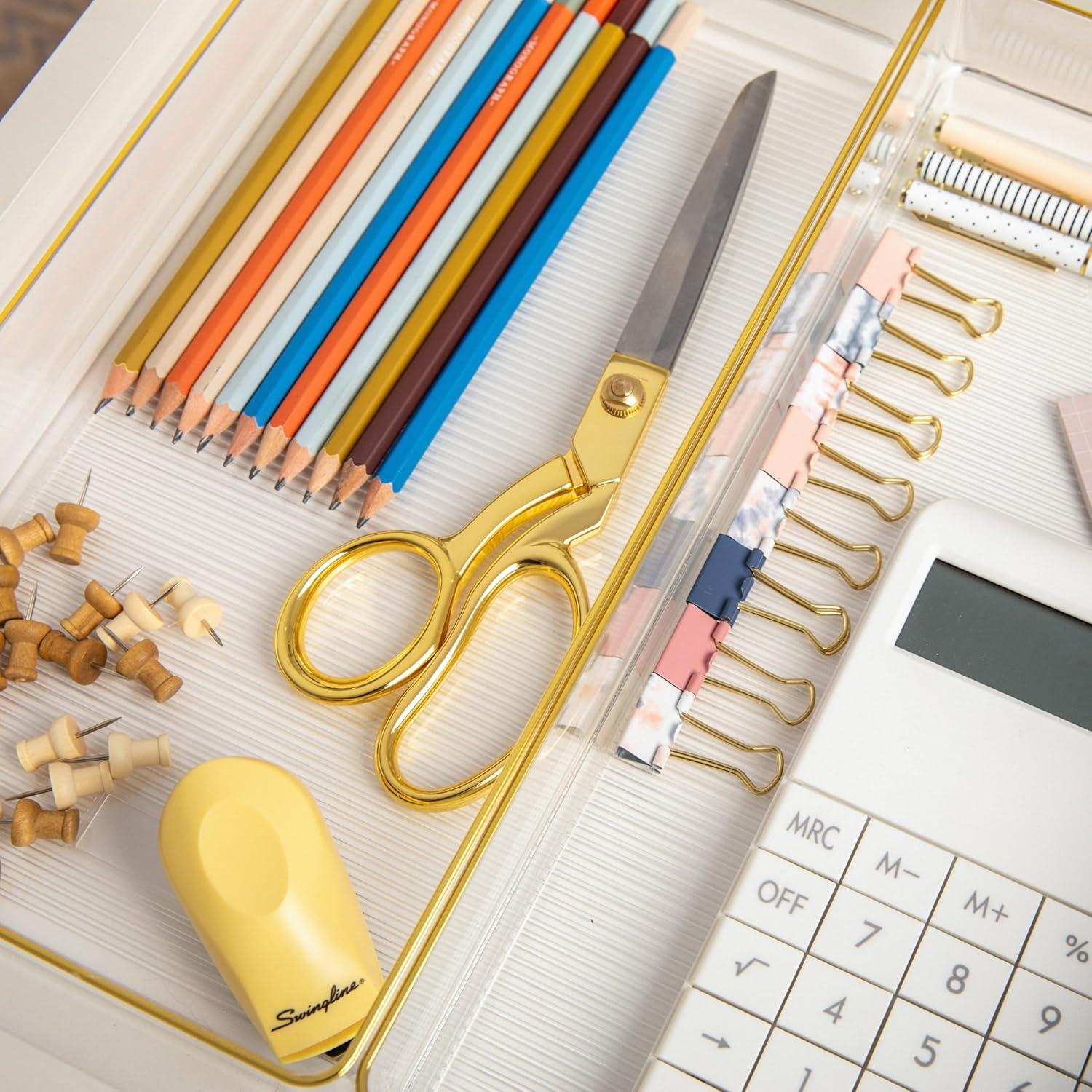 imageMartha Stewart Kerry Plastic Stackable Office Desk Drawer Organizers 6quot x 3quot 6 Pack with Gold Trim12 x 6