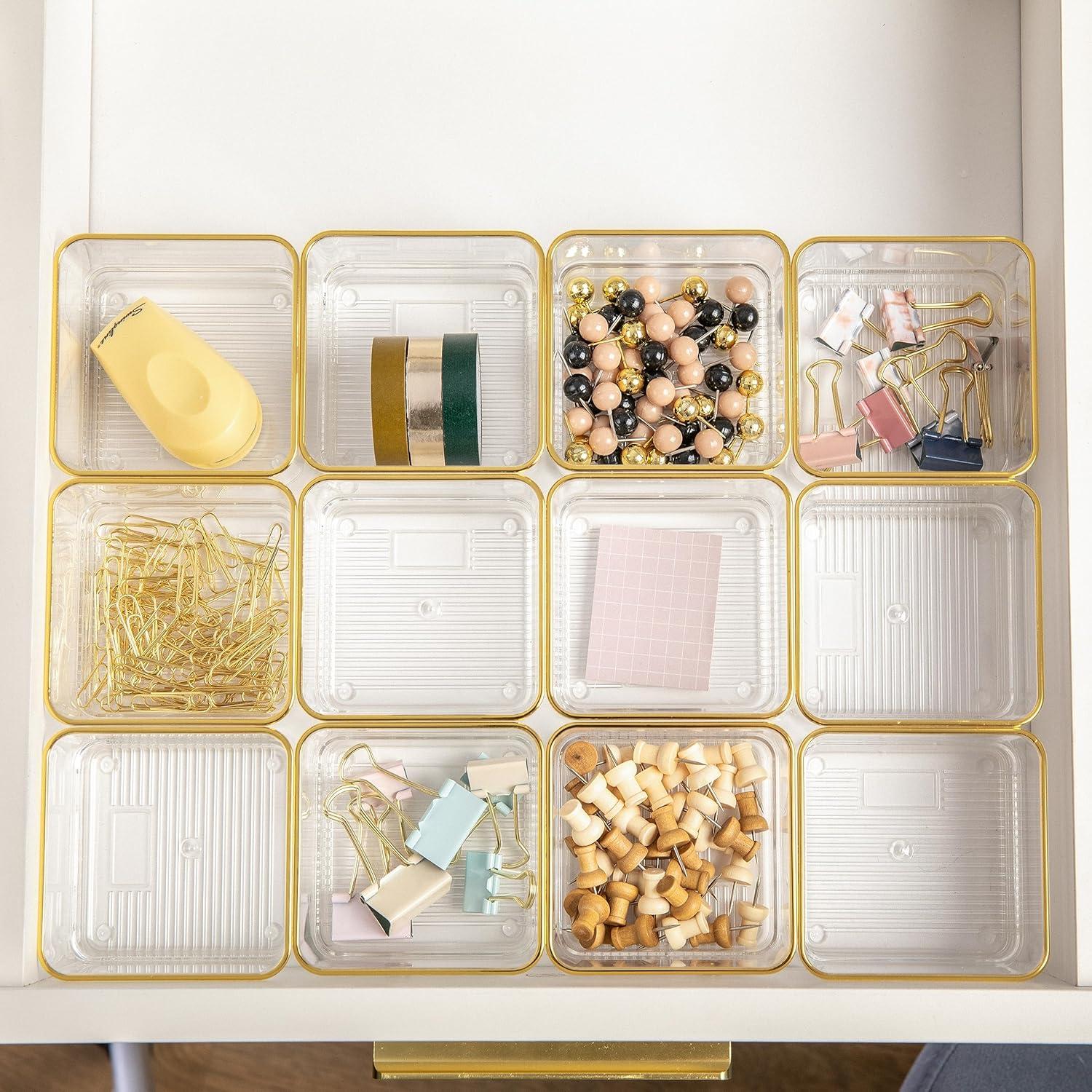 imageMartha Stewart Kerry Plastic Stackable Office Desk Drawer Organizers 6quot x 3quot 6 Pack with Gold Trim3 x 3