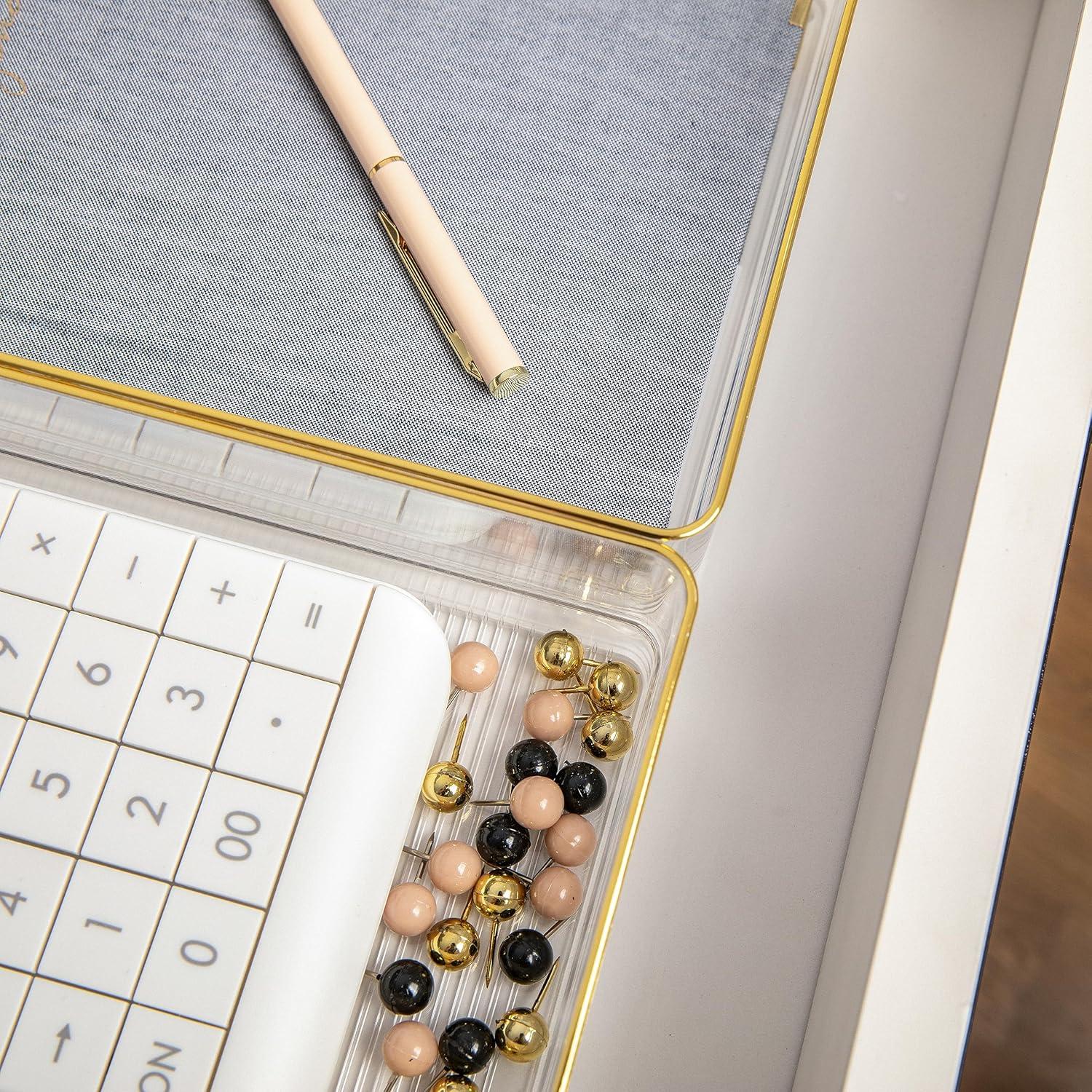 imageMartha Stewart Kerry Plastic Stackable Office Desk Drawer Organizers 6quot x 3quot 6 Pack with Gold Trim9 x 6