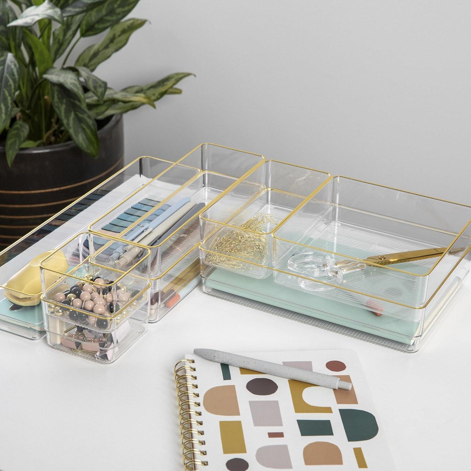 imageMartha Stewart Kerry Plastic Stackable Office Desk Drawer Organizers Set of 8 with Gold TrimSet of 8