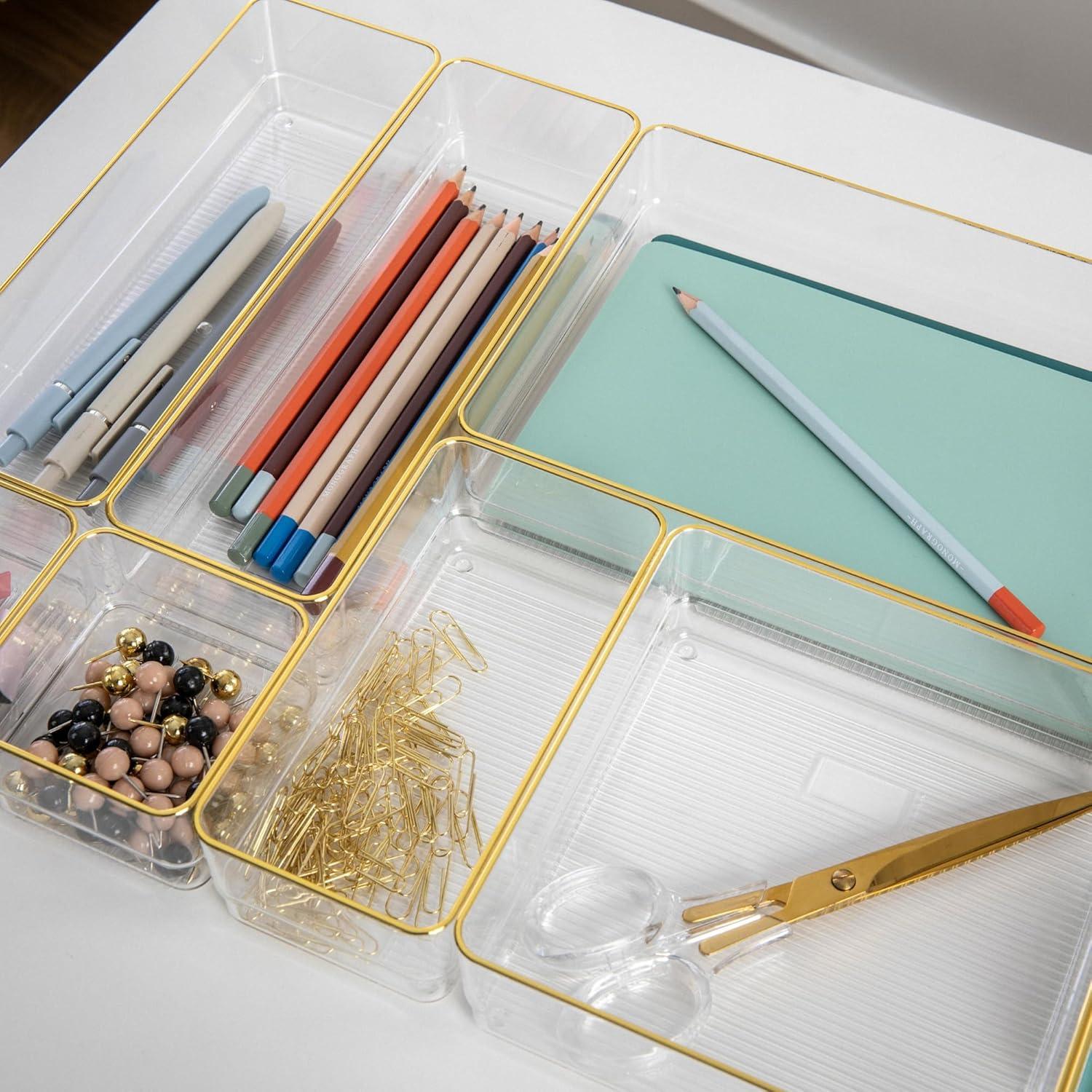 imageMartha Stewart Kerry Plastic Stackable Office Desk Drawer Organizers Set of 8 with Gold TrimSet of 8