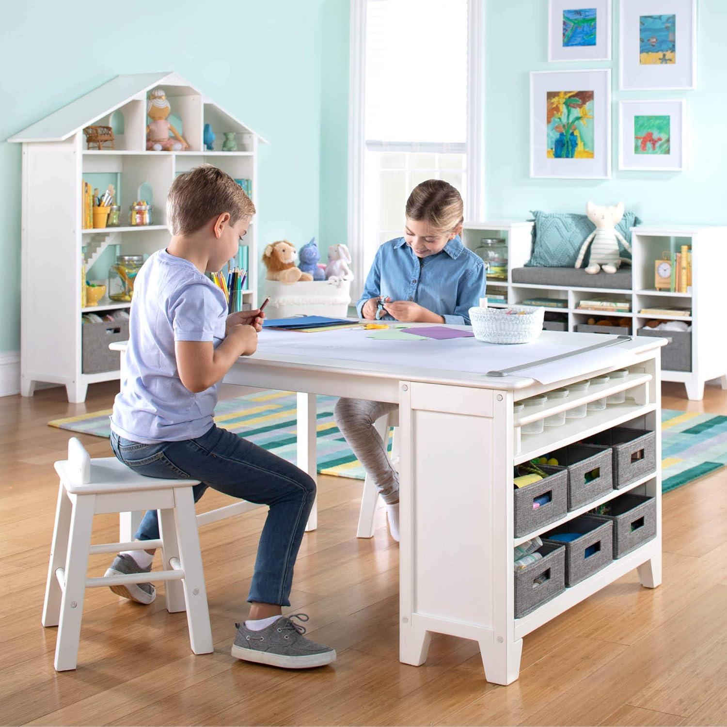 imageMartha Stewart Kids Art Table and Stools Set Gray Wooden Kids Activity Table and Chairs Set wStorage Bins Paper Roll for Coloring ampamp Craft Activities Study ampamp Play Desk for Playroom FurnitureLinen White