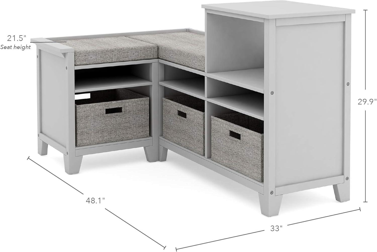 imageMartha Stewart Kids Corner Nook Linen White Wooden Storage Bench Bookcase Organizer with Seat Cushion and Fabric Bins for Reading in Bedroom or PlayroomGrey