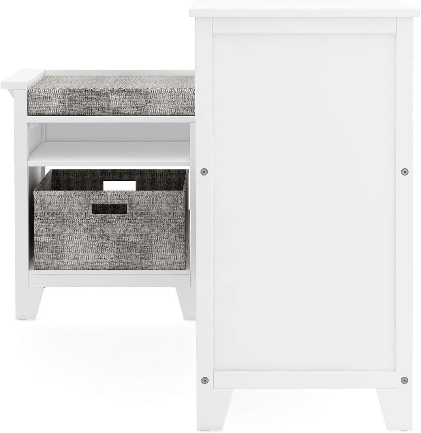 imageMartha Stewart Kids Corner Nook Linen White Wooden Storage Bench Bookcase Organizer with Seat Cushion and Fabric Bins for Reading in Bedroom or PlayroomLinen White