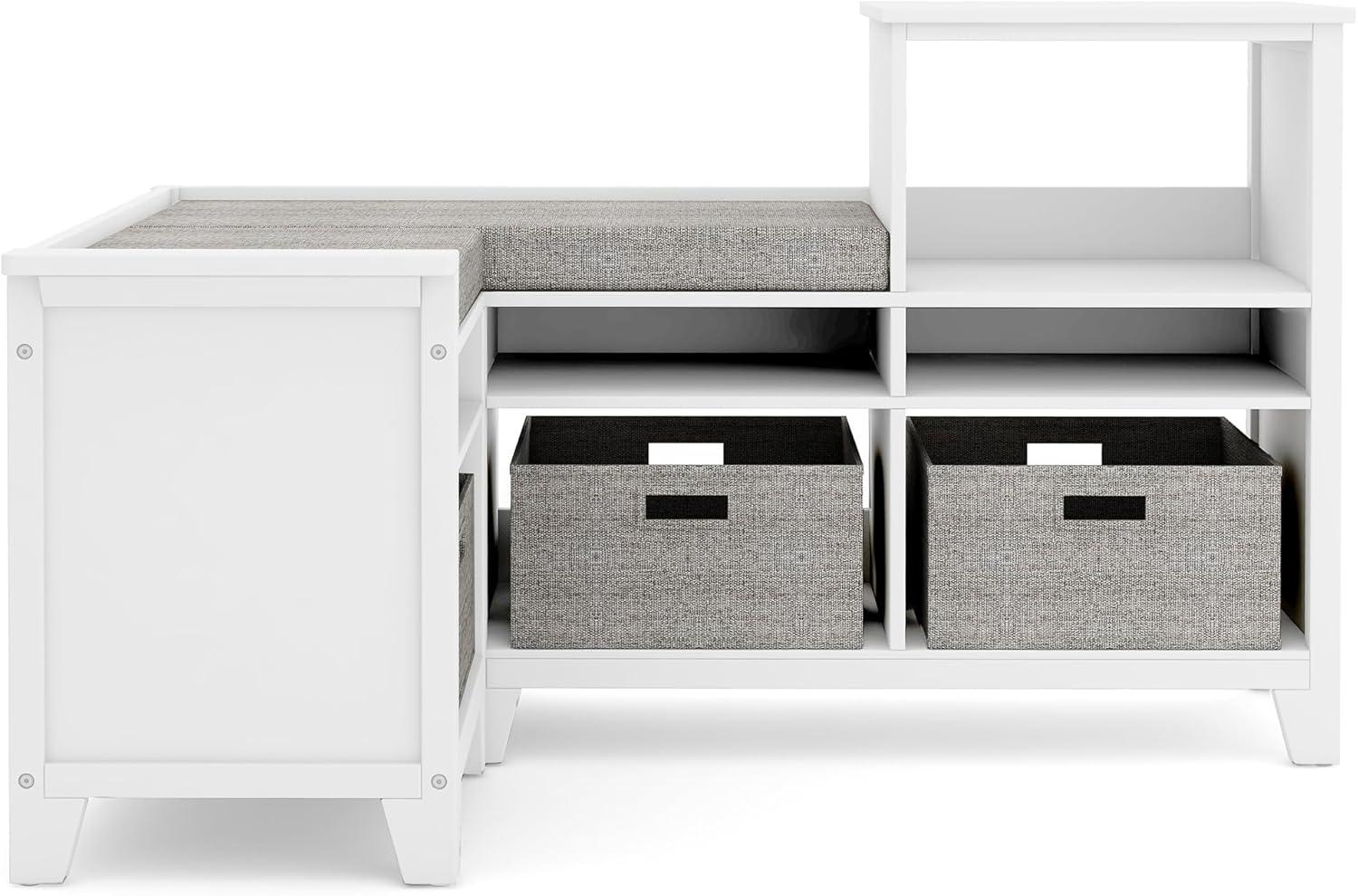 imageMartha Stewart Kids Corner Nook Linen White Wooden Storage Bench Bookcase Organizer with Seat Cushion and Fabric Bins for Reading in Bedroom or PlayroomLinen White