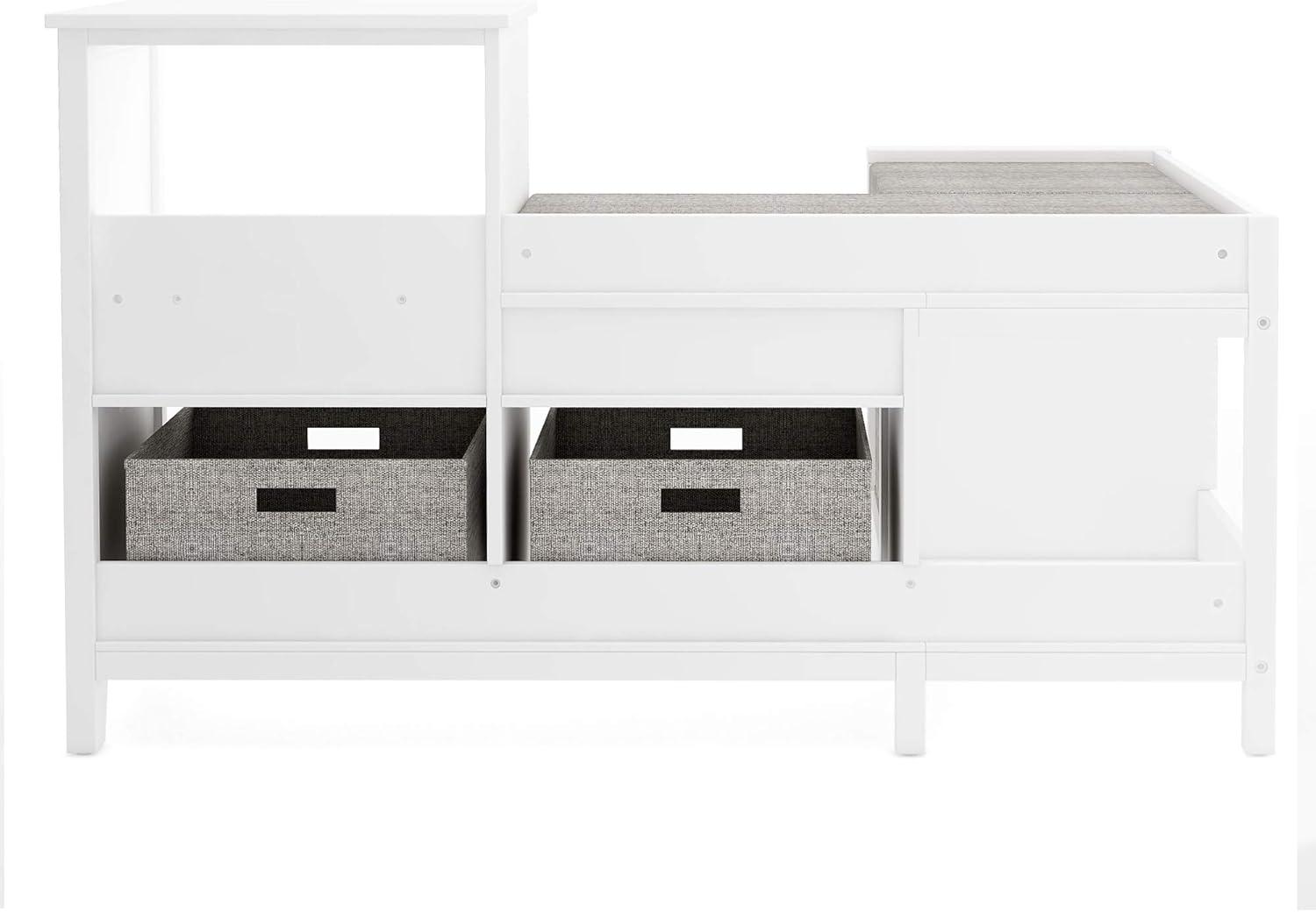 imageMartha Stewart Kids Corner Nook Linen White Wooden Storage Bench Bookcase Organizer with Seat Cushion and Fabric Bins for Reading in Bedroom or PlayroomLinen White