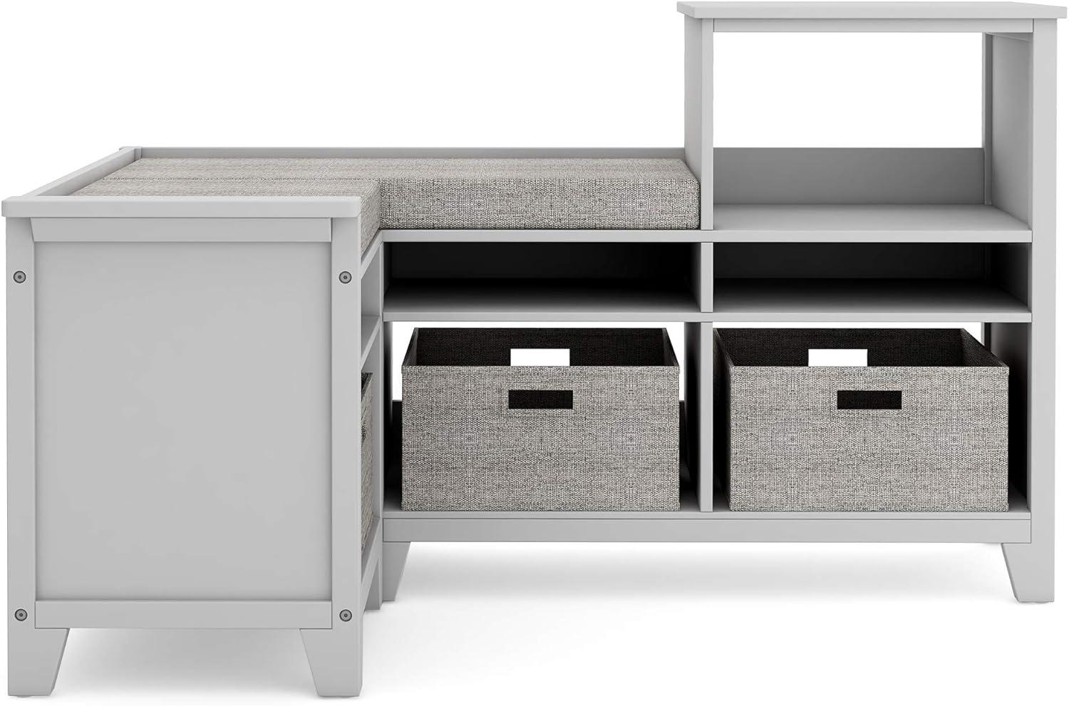 imageMartha Stewart Kids Corner Nook Linen White Wooden Storage Bench Bookcase Organizer with Seat Cushion and Fabric Bins for Reading in Bedroom or PlayroomGrey