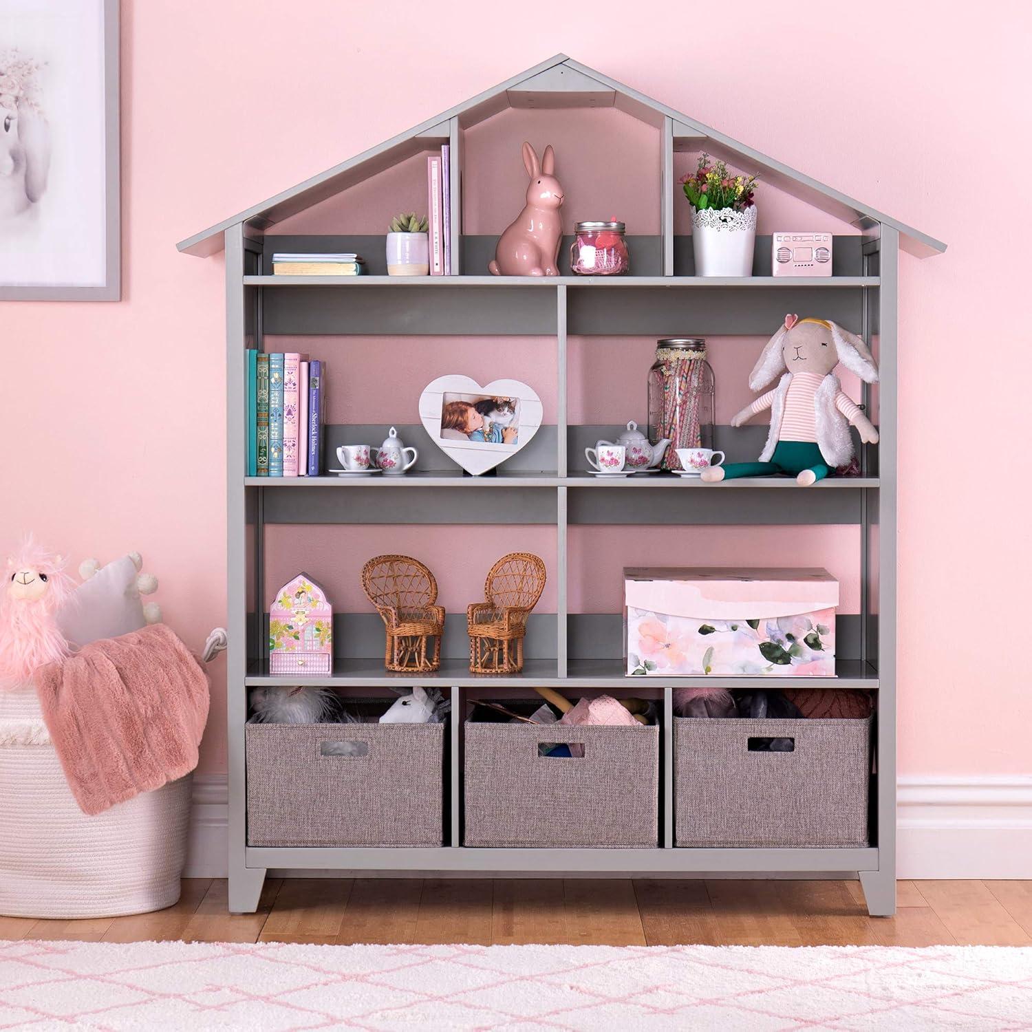 imageMartha Stewart Kids Deluxe Dollhouse Bookcase Gray Kids Wooden Bookshelf and Tall Book Shelf Organizer with Toy Storage Toddler Book Rack Dollhouse Bookshelf Playroom or Bedroom StorageGrey