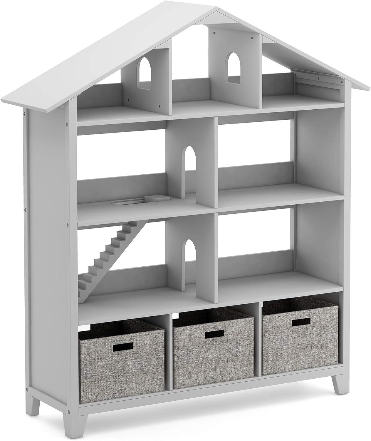 imageMartha Stewart Kids Deluxe Dollhouse Bookcase Gray Kids Wooden Bookshelf and Tall Book Shelf Organizer with Toy Storage Toddler Book Rack Dollhouse Bookshelf Playroom or Bedroom StorageGrey