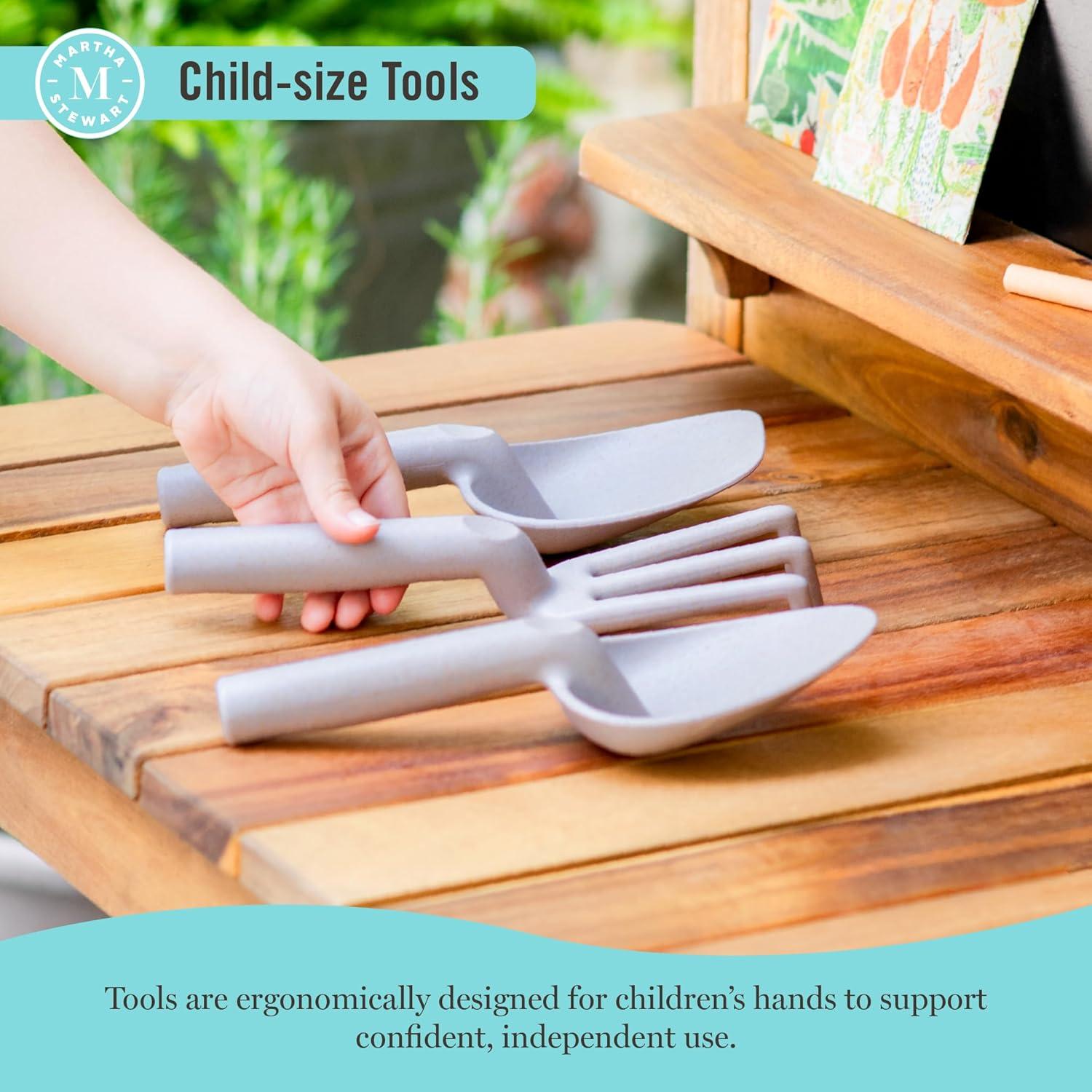 imageMartha Stewart Kids Outdoor Potting Bench Acacia Wood Kids Gardening Set with Pots Garden Tools Soil Bin and Open Shelves Wide Extendable Workspace Wooden Backyard Playset for Outdoor Activity