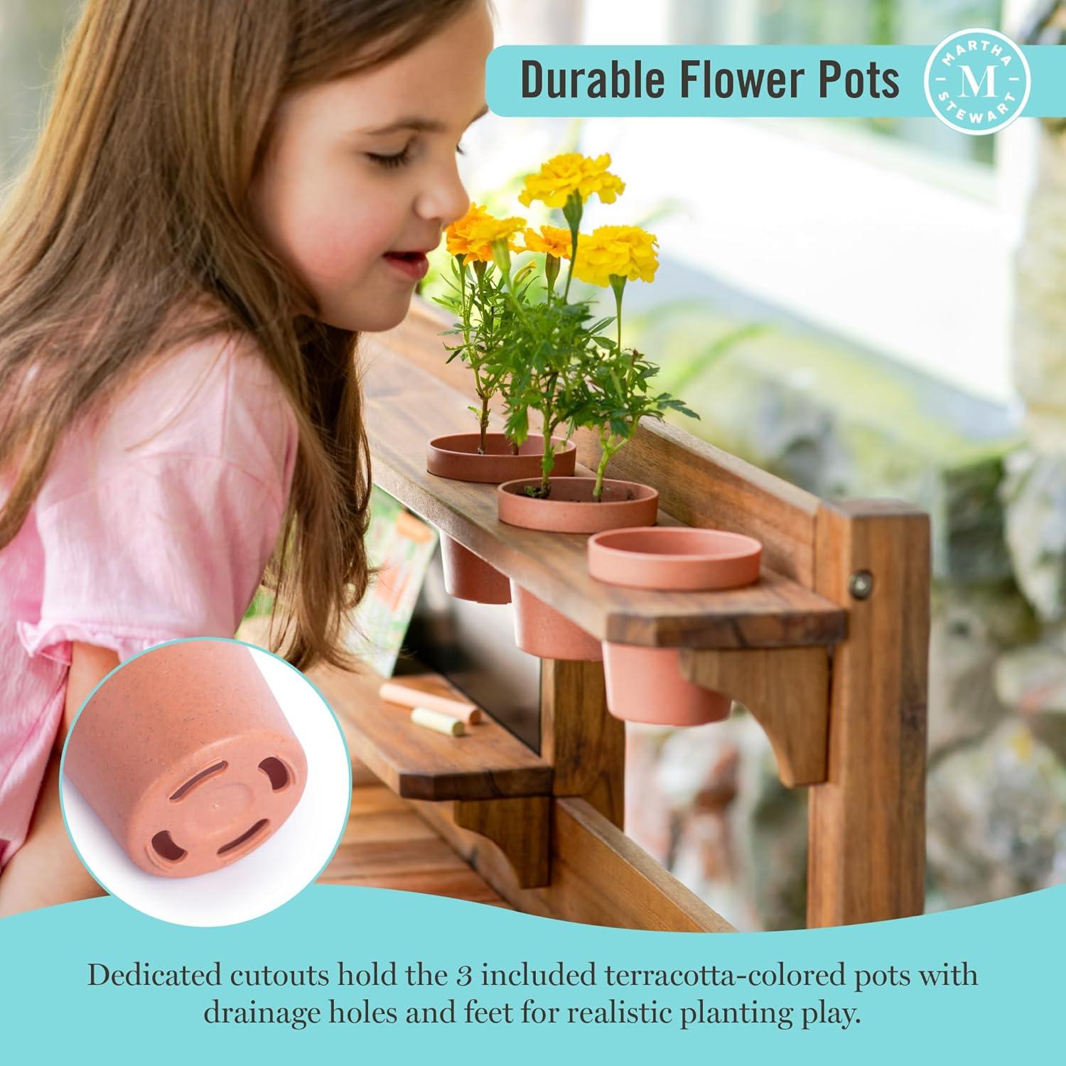 imageMartha Stewart Kids Outdoor Potting Bench Acacia Wood Kids Gardening Set with Pots Garden Tools Soil Bin and Open Shelves Wide Extendable Workspace Wooden Backyard Playset for Outdoor Activity