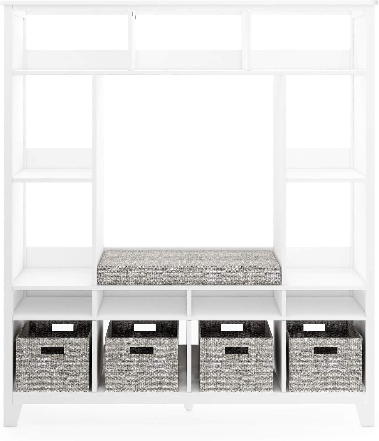 imageMartha Stewart Kids Storage System Linen White Wood Bookshelf Cubby with Seat Cushion Shelves and Storage Bins Reading Nook Bookcase and Kids Room Storage BenchLinen White