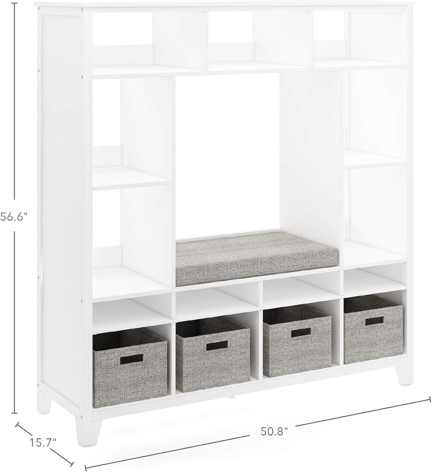 imageMartha Stewart Kids Storage System Linen White Wood Bookshelf Cubby with Seat Cushion Shelves and Storage Bins Reading Nook Bookcase and Kids Room Storage BenchLinen White