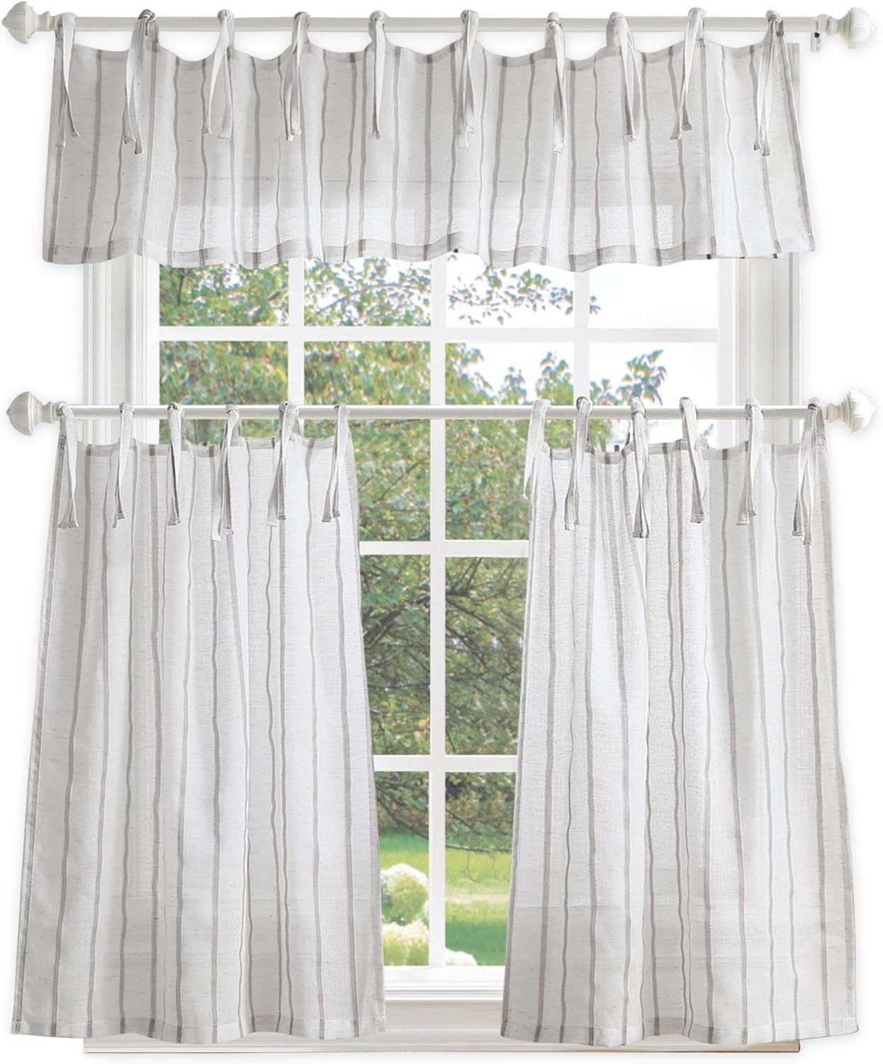 imageMartha Stewart Laguna Stripe SemiSheer Tie Tab Window Curtain Valance and Tiers Set GreyMocha
