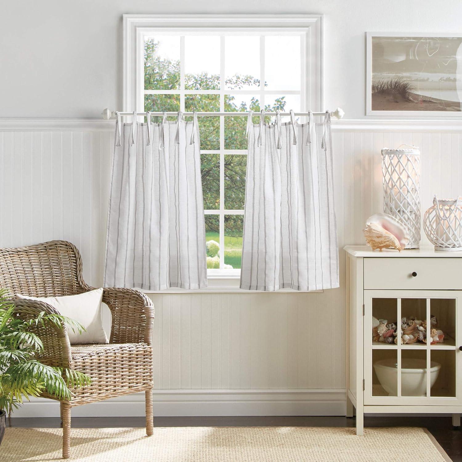 imageMartha Stewart Laguna Stripe SemiSheer Tie Tab Window Curtain Valance and Tiers Set GreyMocha