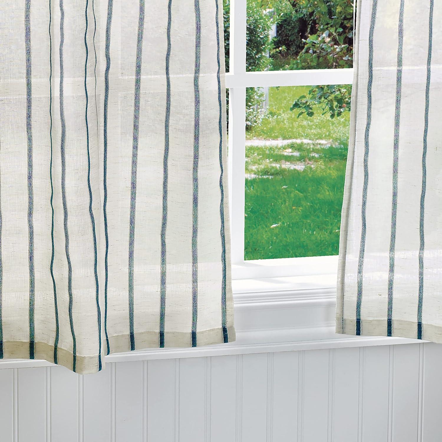 imageMartha Stewart Laguna Stripe SemiSheer Tie Tab Window Curtain Valance and Tiers Set GreyNavy