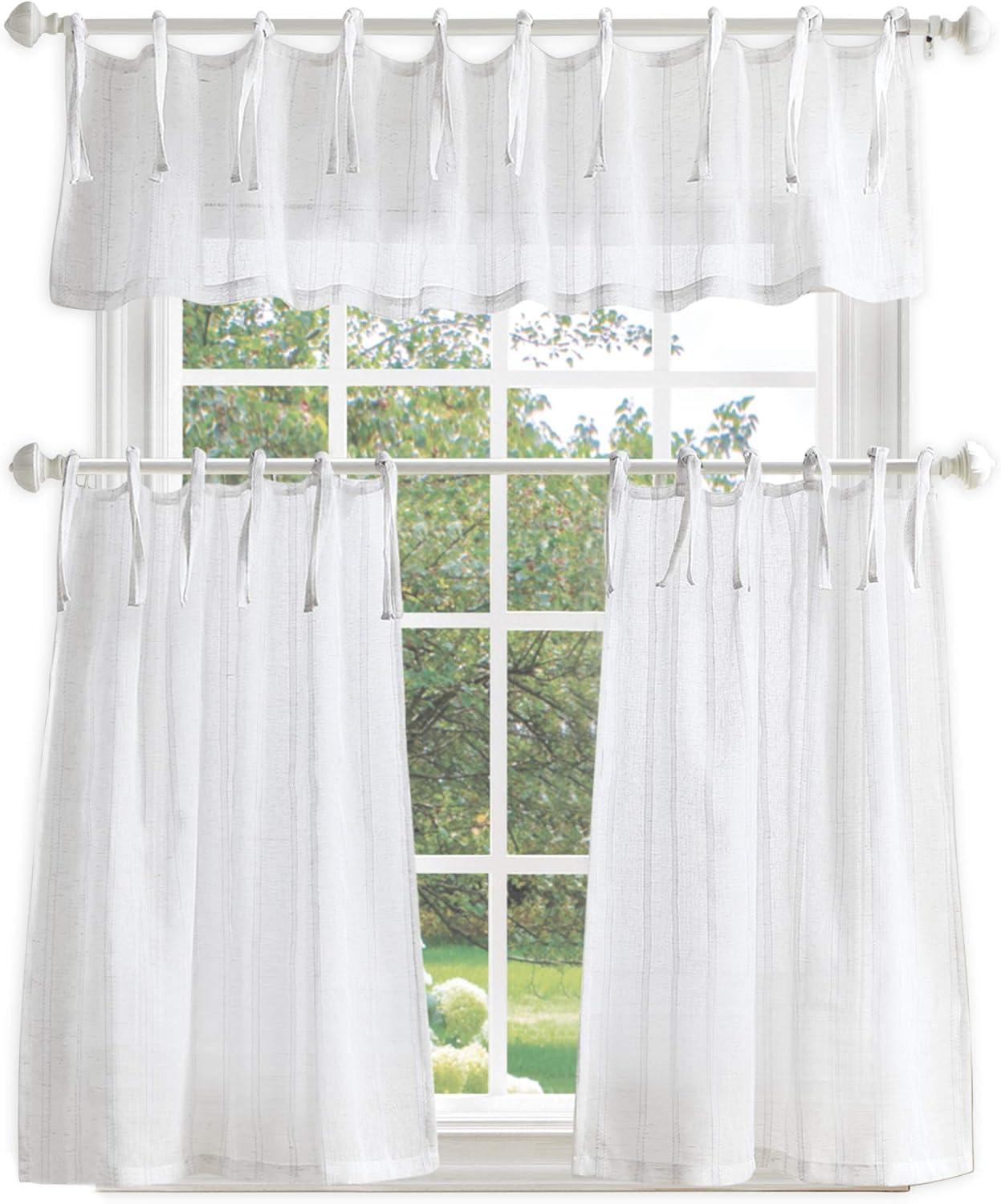 imageMartha Stewart Laguna Stripe SemiSheer Tie Tab Window Curtain Valance and Tiers Set GreyWhite