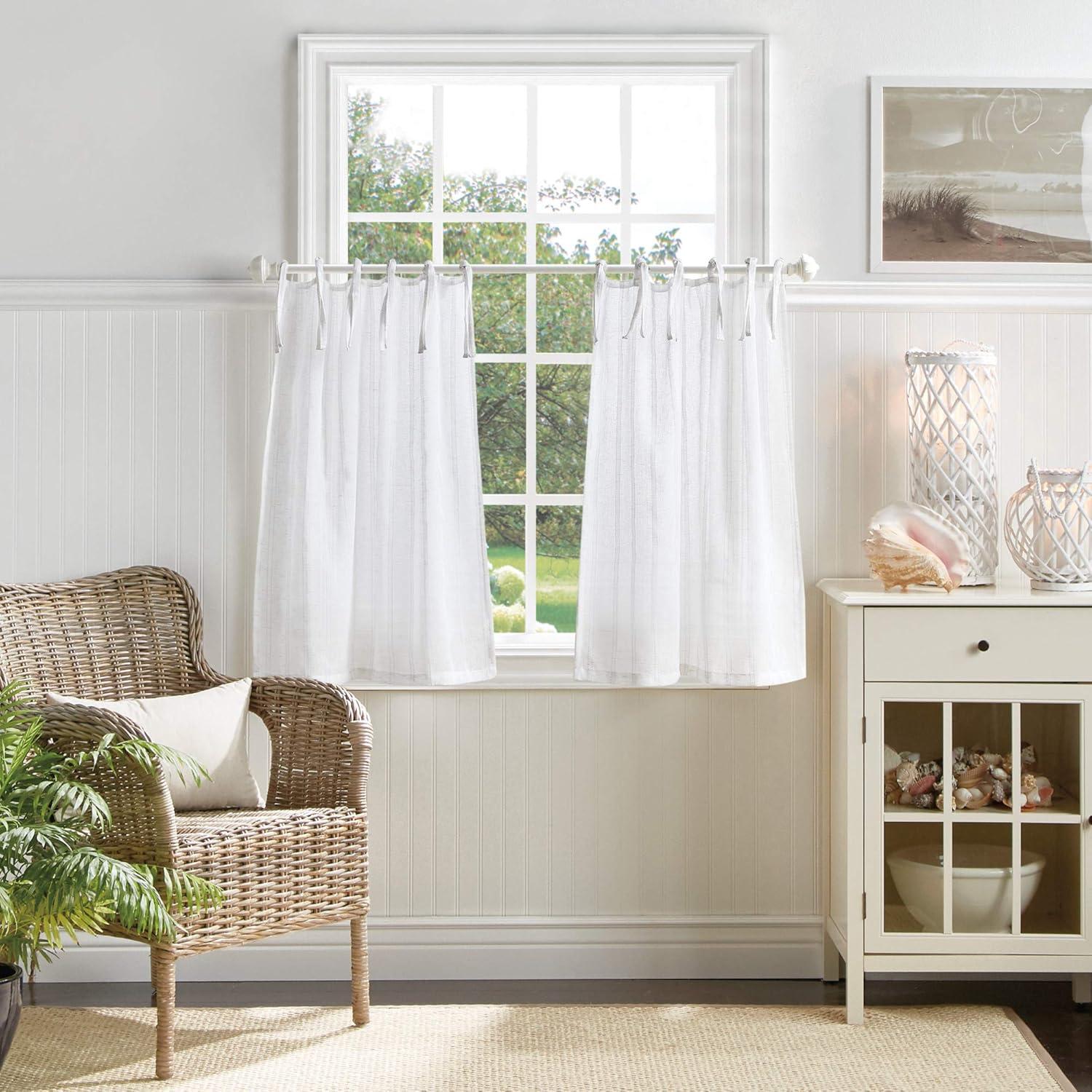 imageMartha Stewart Laguna Stripe SemiSheer Tie Tab Window Curtain Valance and Tiers Set GreyWhite