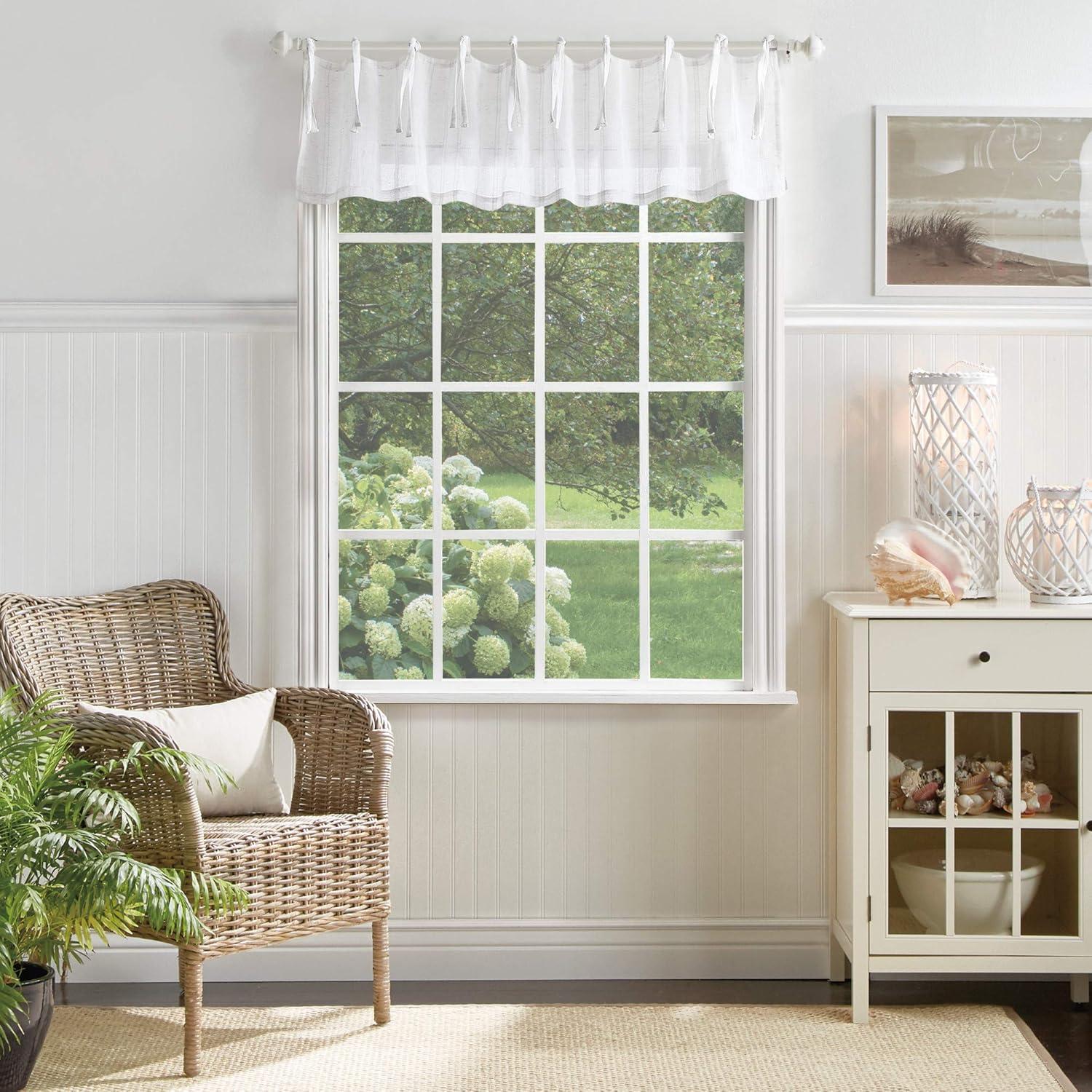 imageMartha Stewart Laguna Stripe SemiSheer Tie Tab Window Curtain Valance and Tiers Set GreyWhite