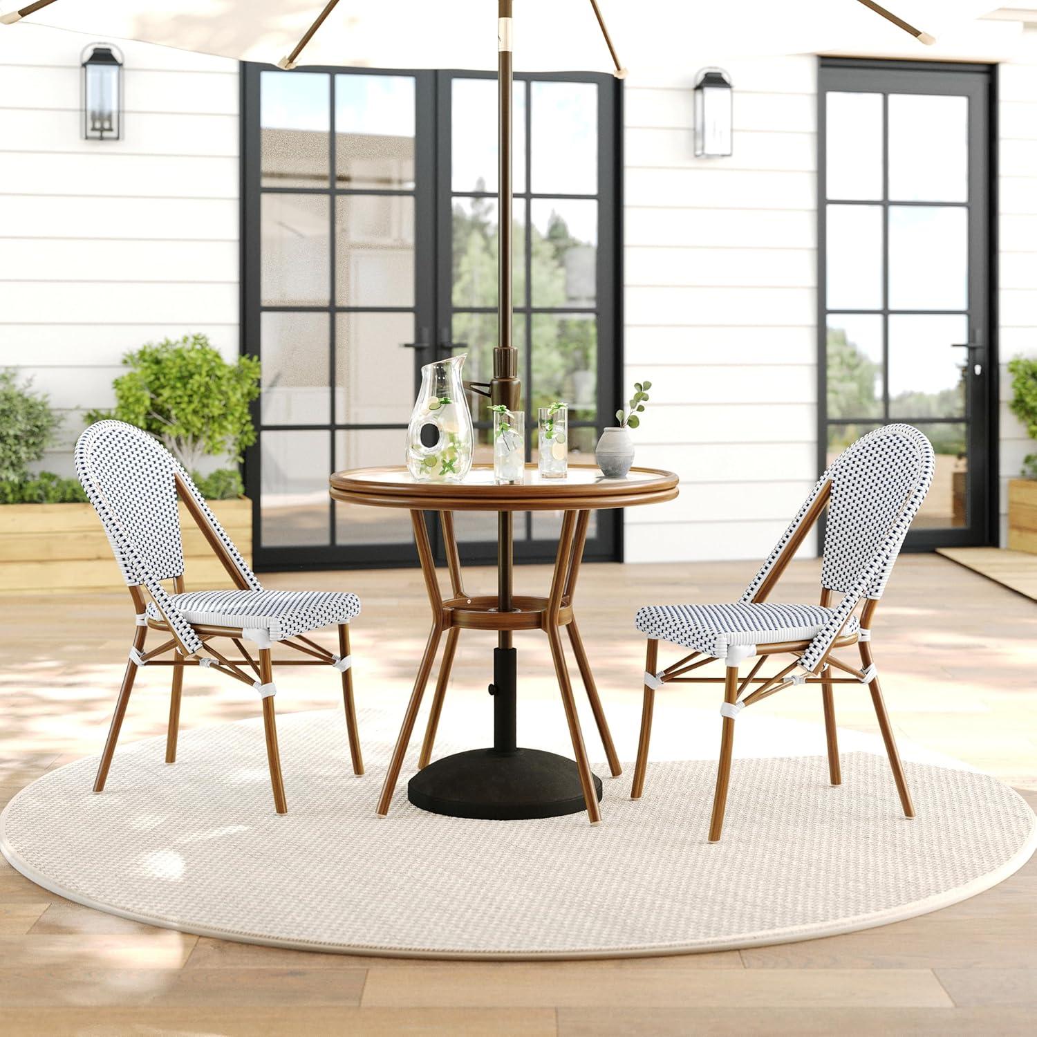 imageMartha Stewart Lily Pond 3 Piece IndoorOutdoor Black and White Woven Rattan Bistro Set with Natural Woodgrain Aluminum Frames and Tempered Glass TabletopNavy WhiteNatural Frame
