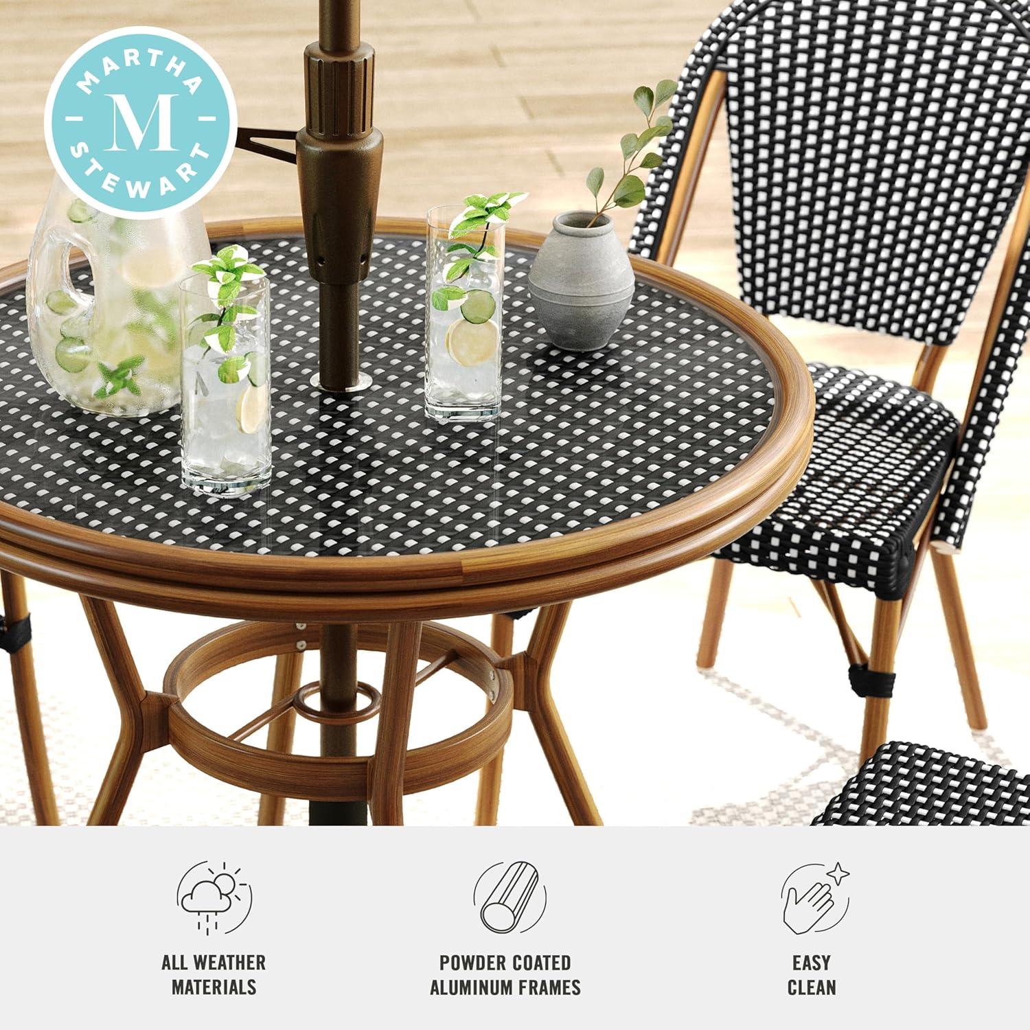 imageMartha Stewart Lily Pond 3 Piece IndoorOutdoor Black and White Woven Rattan Bistro Set with Natural Woodgrain Aluminum Frames and Tempered Glass TabletopBlack WhiteNatural Frame