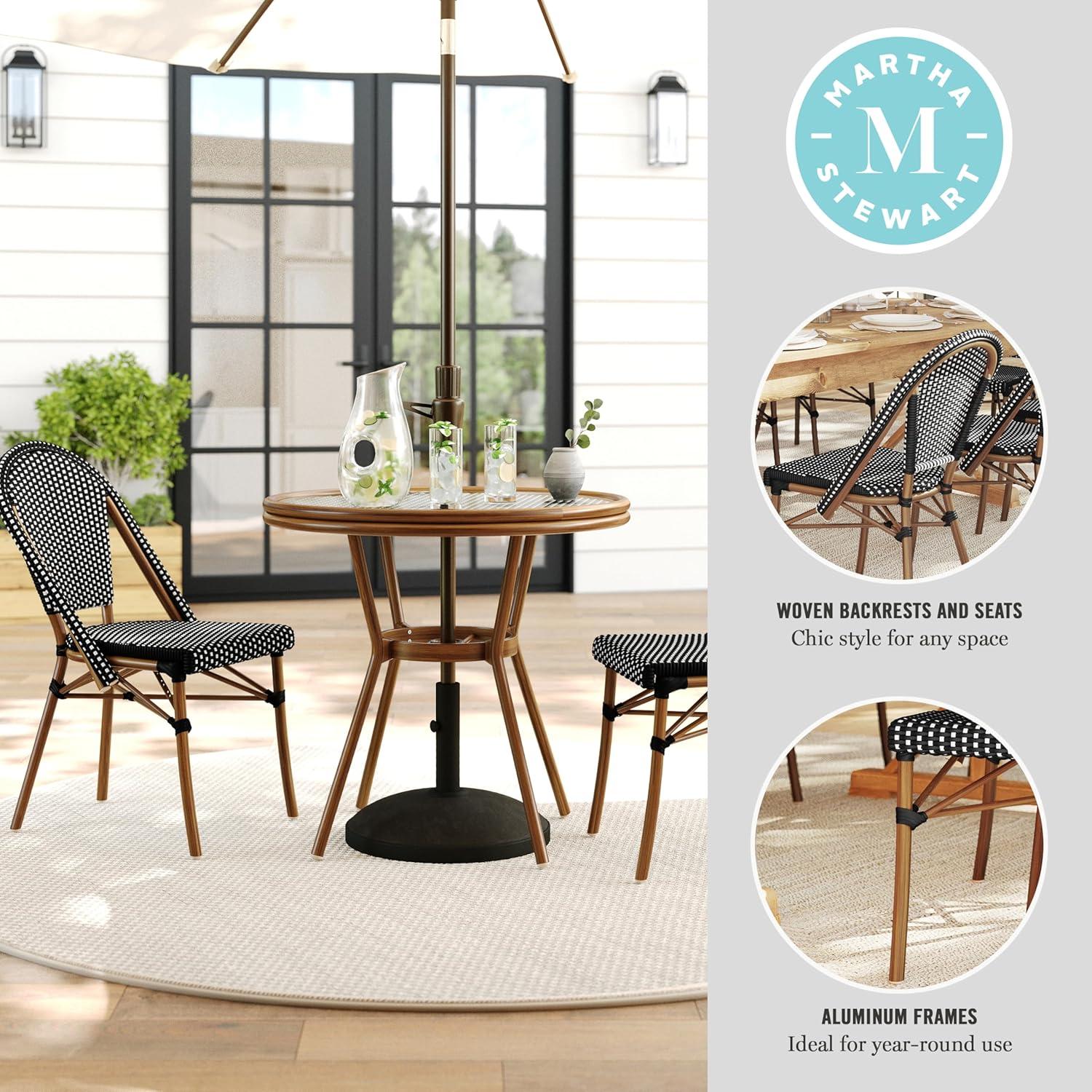 imageMartha Stewart Lily Pond 3 Piece IndoorOutdoor Black and White Woven Rattan Bistro Set with Natural Woodgrain Aluminum Frames and Tempered Glass TabletopBlack WhiteNatural Frame