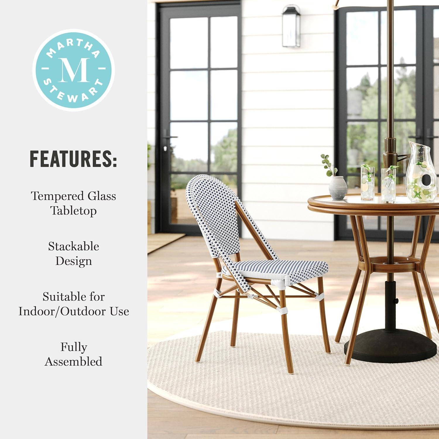 imageMartha Stewart Lily Pond 3 Piece IndoorOutdoor Black and White Woven Rattan Bistro Set with Natural Woodgrain Aluminum Frames and Tempered Glass TabletopNavy WhiteNatural Frame