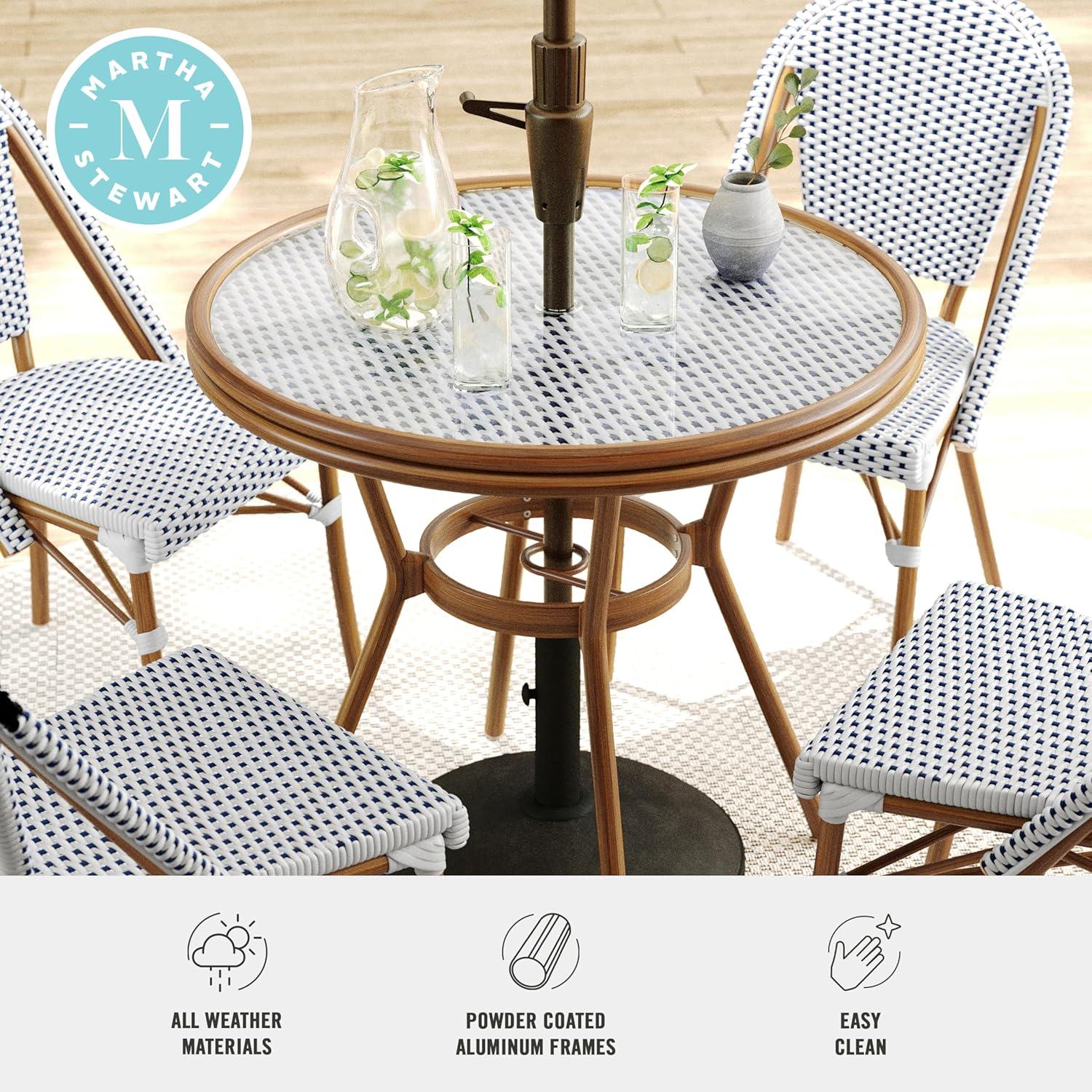 imageMartha Stewart Lily Pond 3 Piece IndoorOutdoor Black and White Woven Rattan Bistro Set with Natural Woodgrain Aluminum Frames and Tempered Glass TabletopNavy WhiteNatural Frame