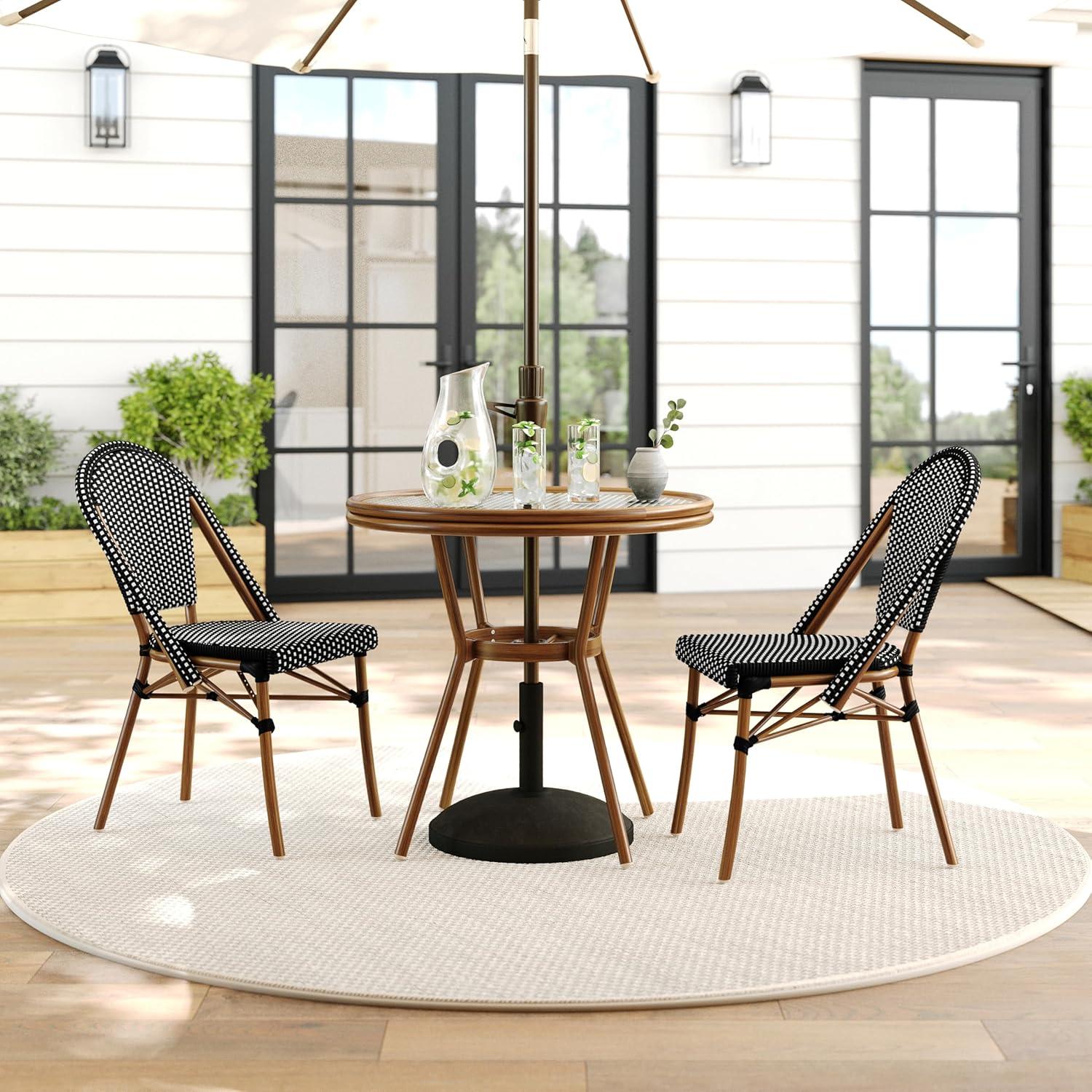 imageMartha Stewart Lily Pond 3 Piece IndoorOutdoor Black and White Woven Rattan Bistro Set with Natural Woodgrain Aluminum Frames and Tempered Glass TabletopBlack WhiteNatural Frame