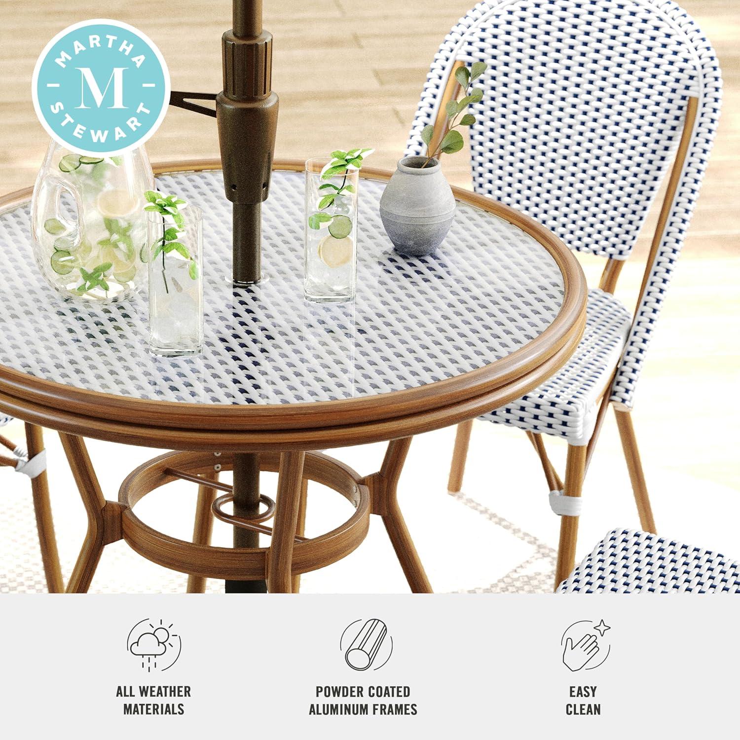 imageMartha Stewart Lily Pond 3 Piece IndoorOutdoor Black and White Woven Rattan Bistro Set with Natural Woodgrain Aluminum Frames and Tempered Glass TabletopNavy WhiteNatural Frame