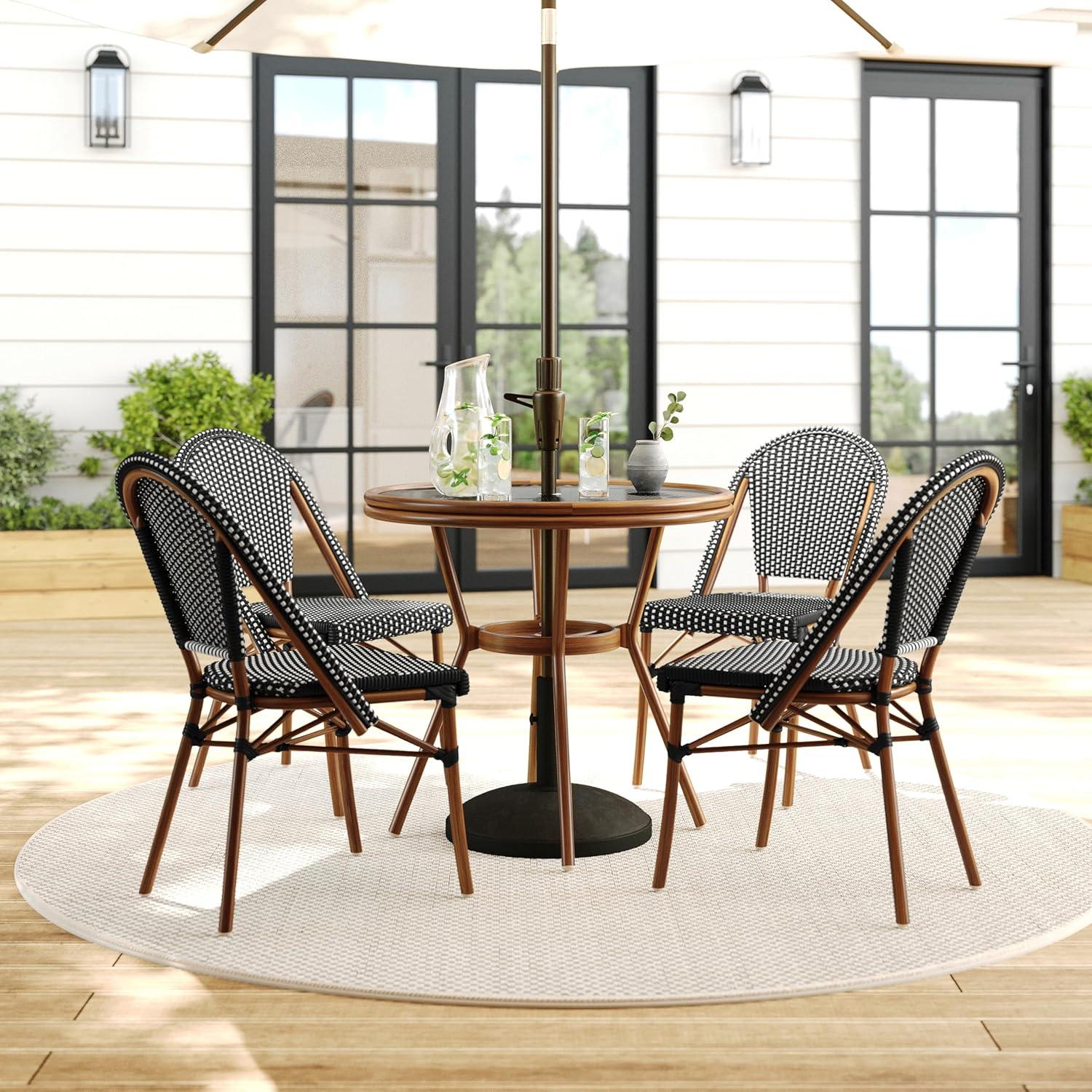 imageMartha Stewart Lily Pond 3 Piece IndoorOutdoor Black and White Woven Rattan Bistro Set with Natural Woodgrain Aluminum Frames and Tempered Glass TabletopBlack WhiteNatural Frame