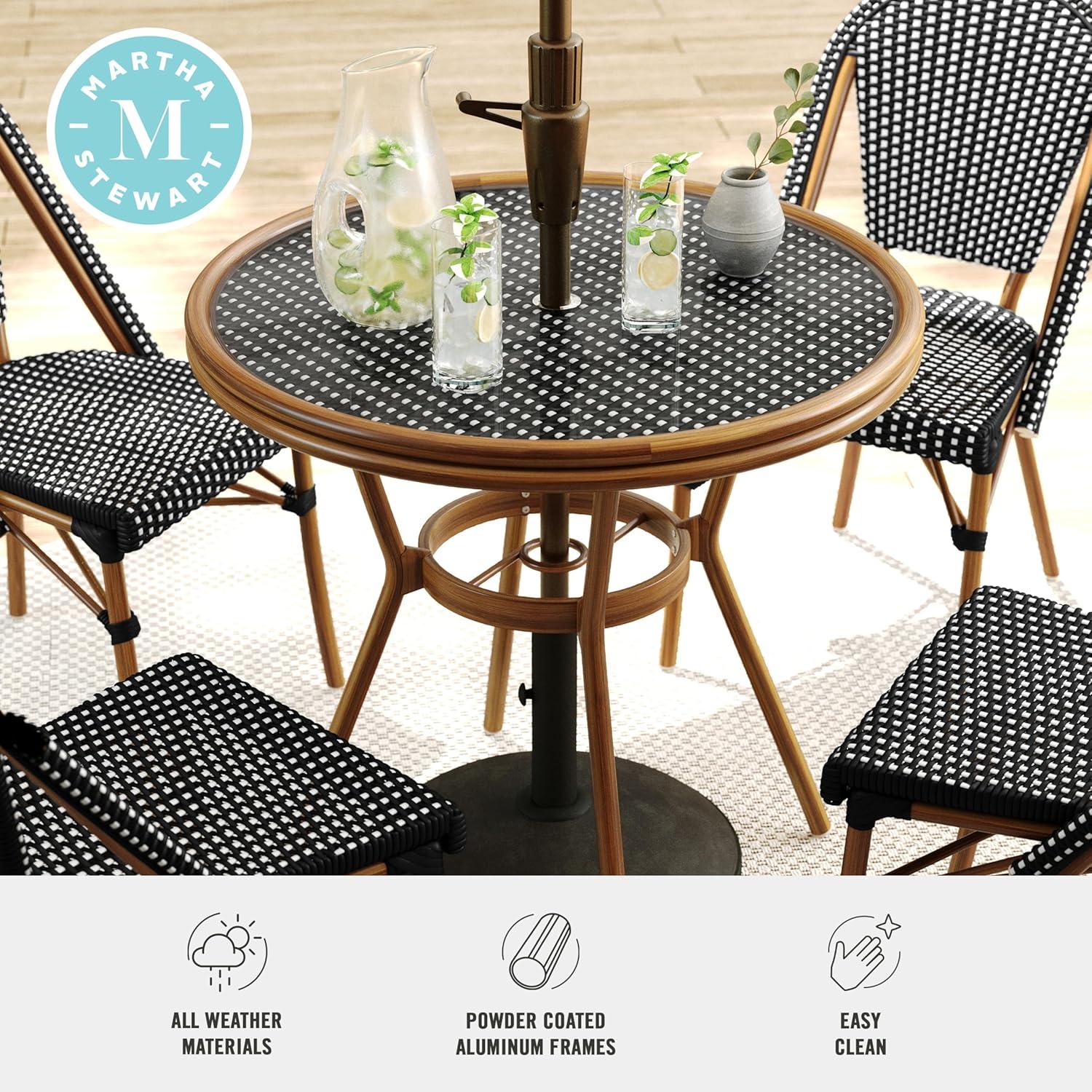 imageMartha Stewart Lily Pond 3 Piece IndoorOutdoor Black and White Woven Rattan Bistro Set with Natural Woodgrain Aluminum Frames and Tempered Glass TabletopBlack WhiteNatural Frame